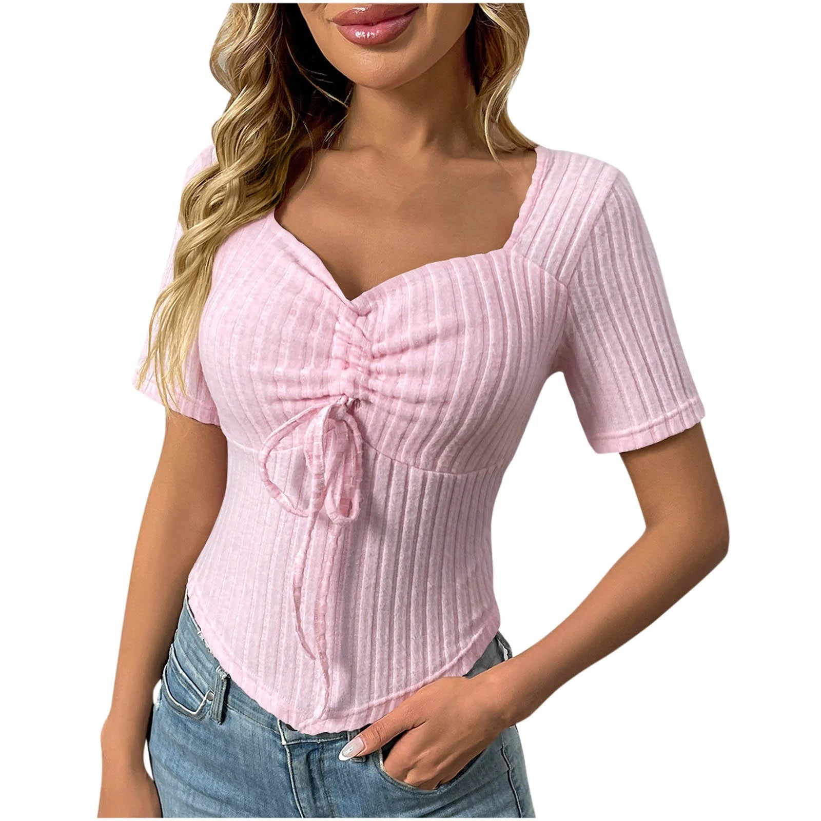 Going Out Tops for Women Drawstring Square Neck Ribbed