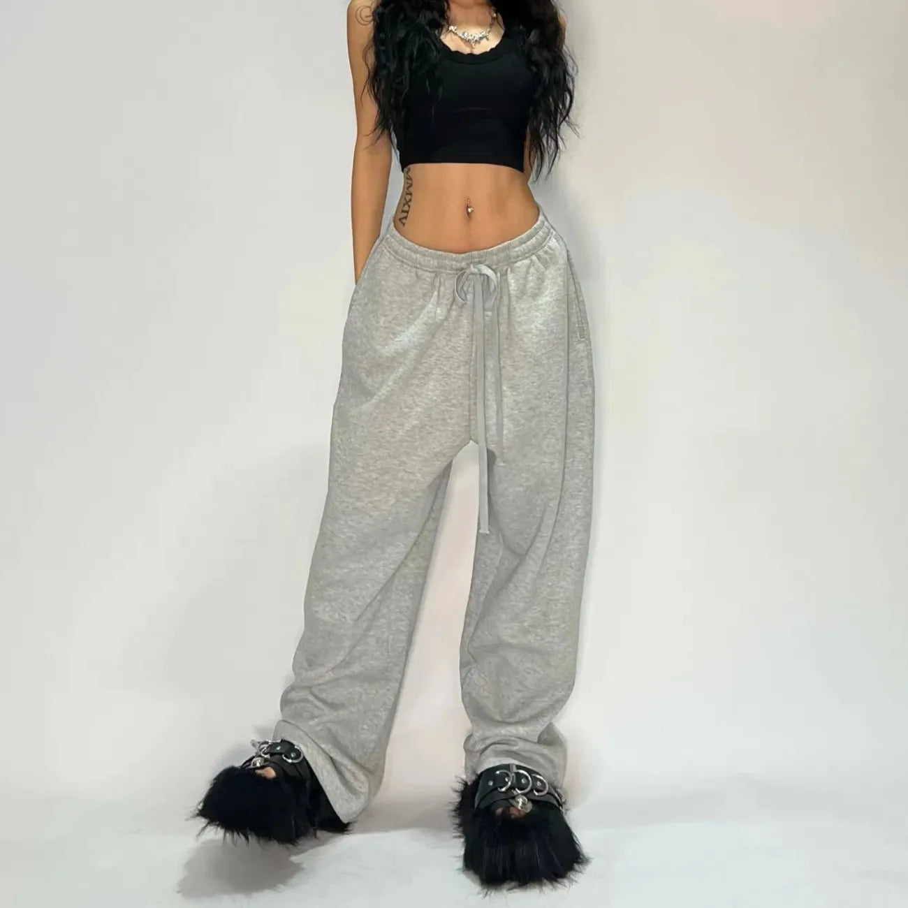 Y2K Gray Casual Pants Functional Tactical Functional Women's Premium Jogging Drawstring Sweatpants