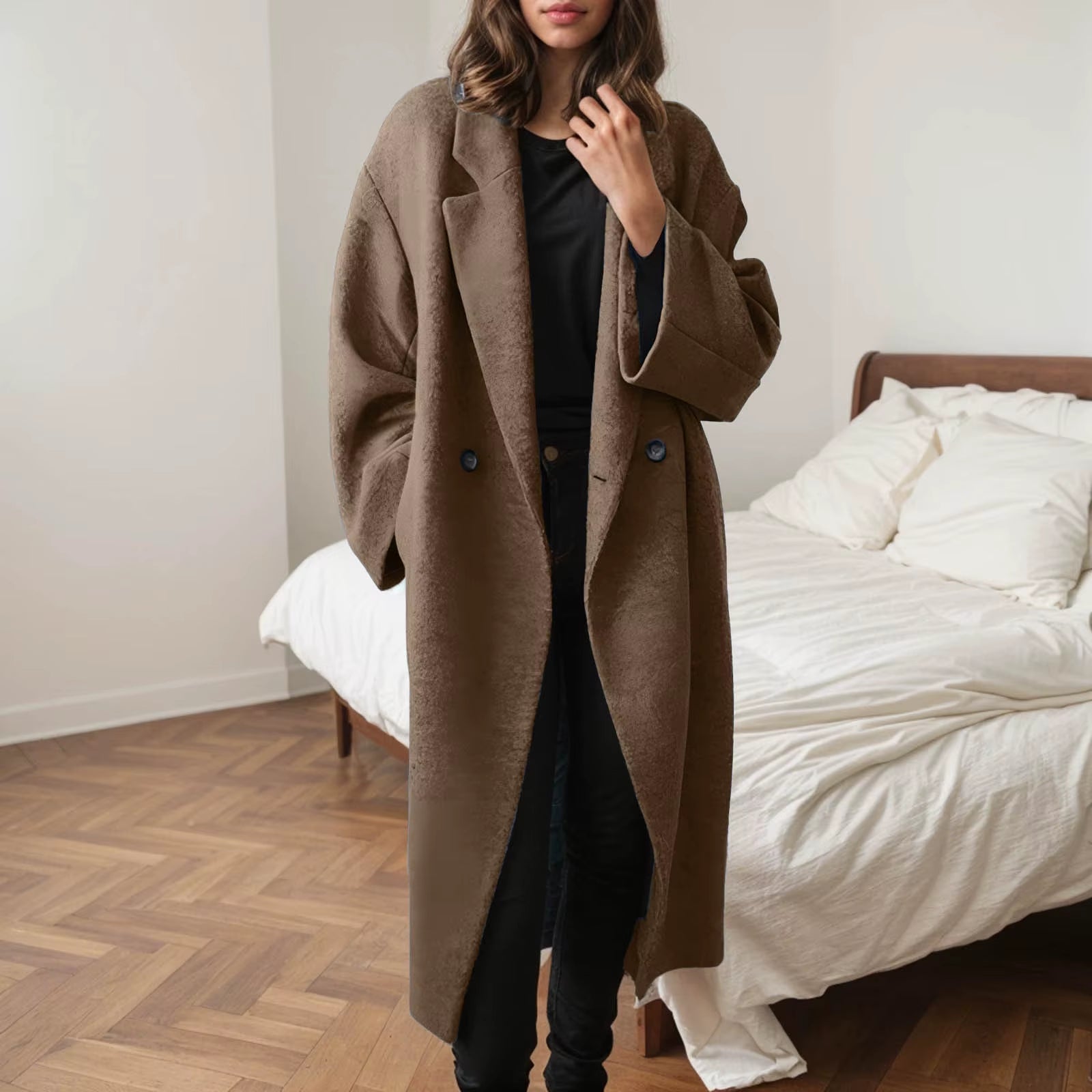 Fashion Long Woolen Coat Women Autumn Winter Loose Solid Lapel Button Long Coat with Pockets Temperament Street Long Jackets