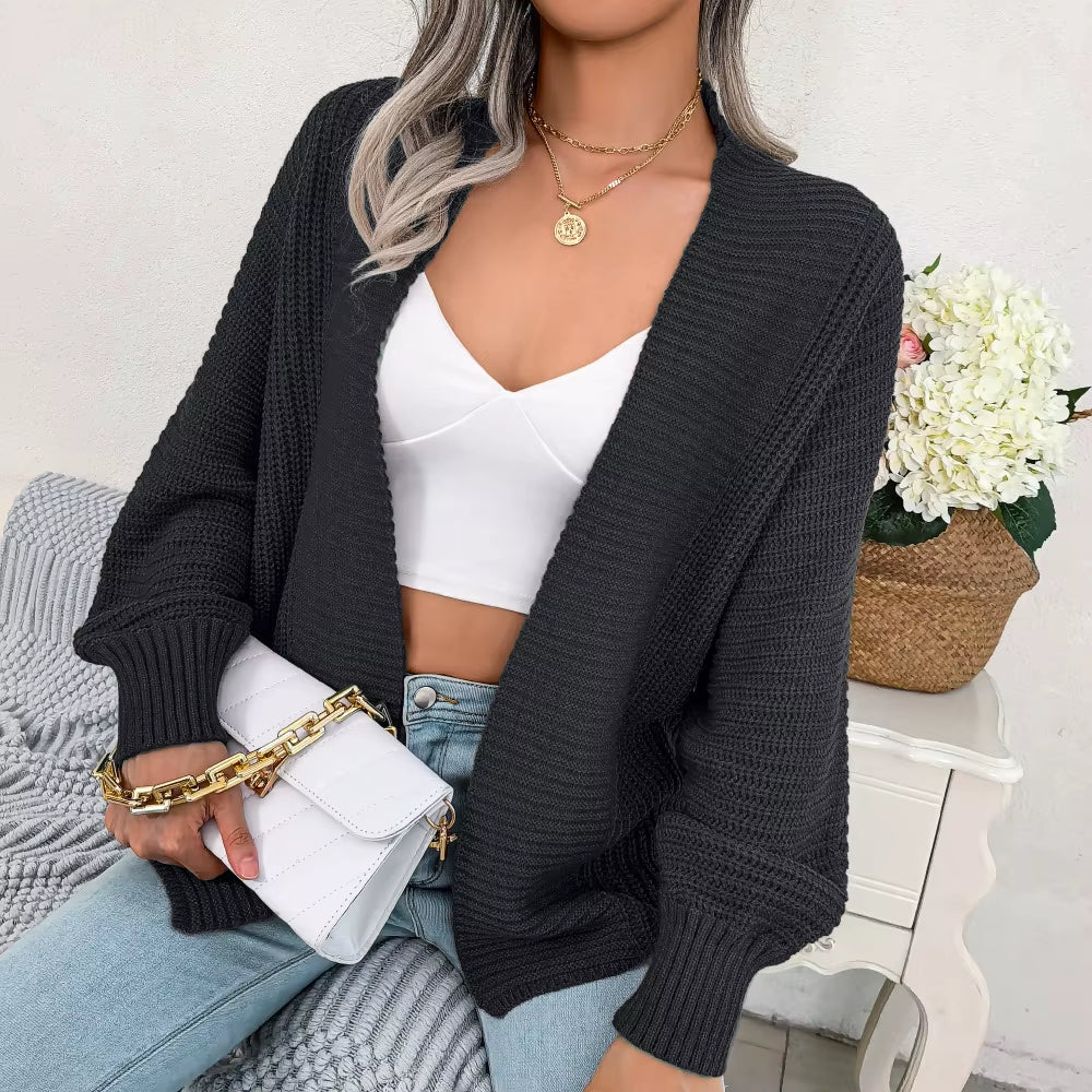 Women Autumn Cardigan Open Stitch Sweater Hollow Out Long Sleeve Solid Color Knitting Buttonless Sweater Coat Crochet Cardigan