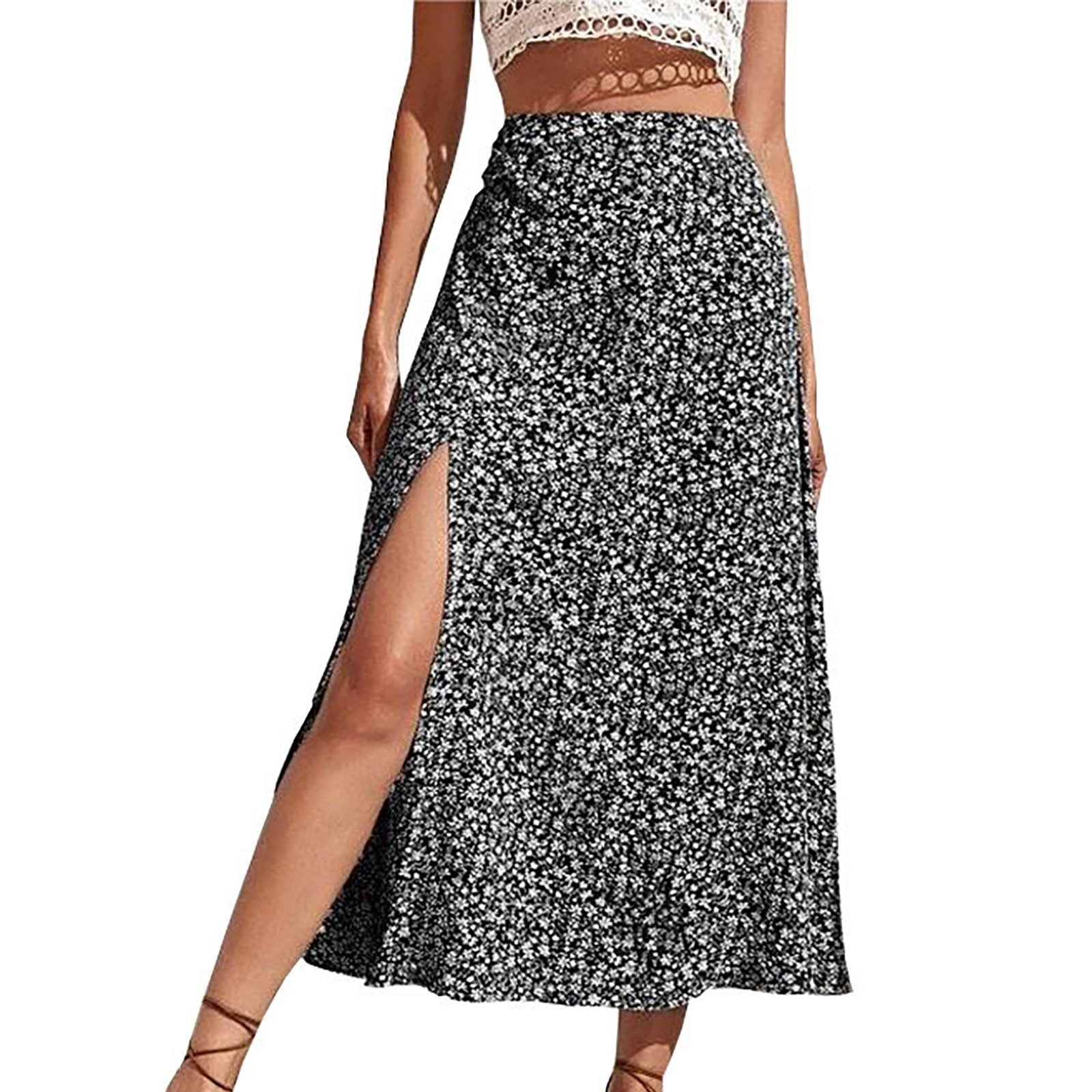 Women's Boho Floral Print Side Split High Waist Midi Skirt Swing Long Skirts for Women