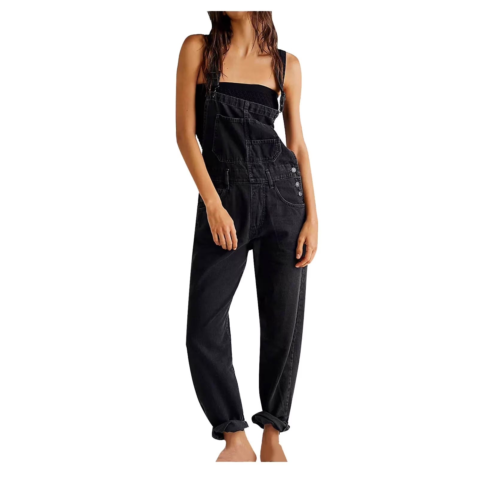 2024 Women'S Overalls Loose Fit Ladies Jeans Summer Solid Color Fashion Baggy Suspenders Button Jumpsuit Casual Sleeveless Wide Long Bib Leg Rompers with Pockets Dark Blue M