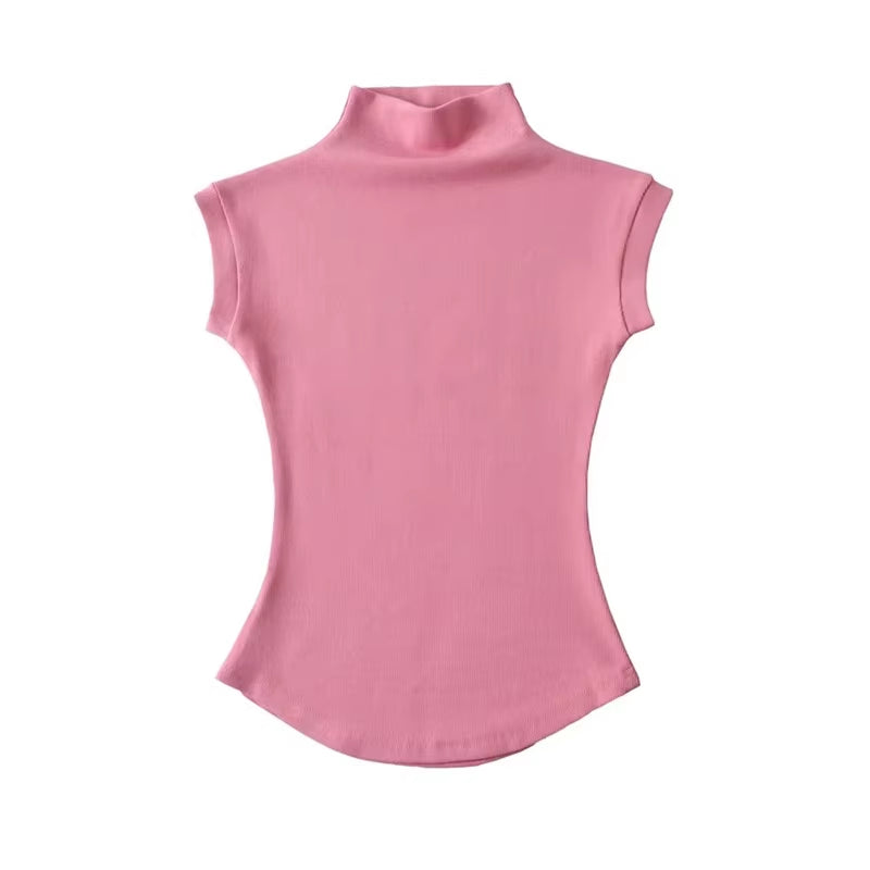 Women  Sexy Turtleneck Sleeveless T-Shirts Tops Solid Slim Fit Pullovers 