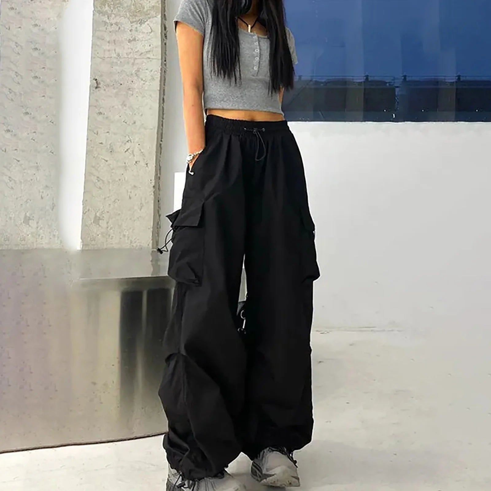 Womens High Waisted Cargo Jeans Wide Leg Stretch Baggy Jeans Multi Pocket
