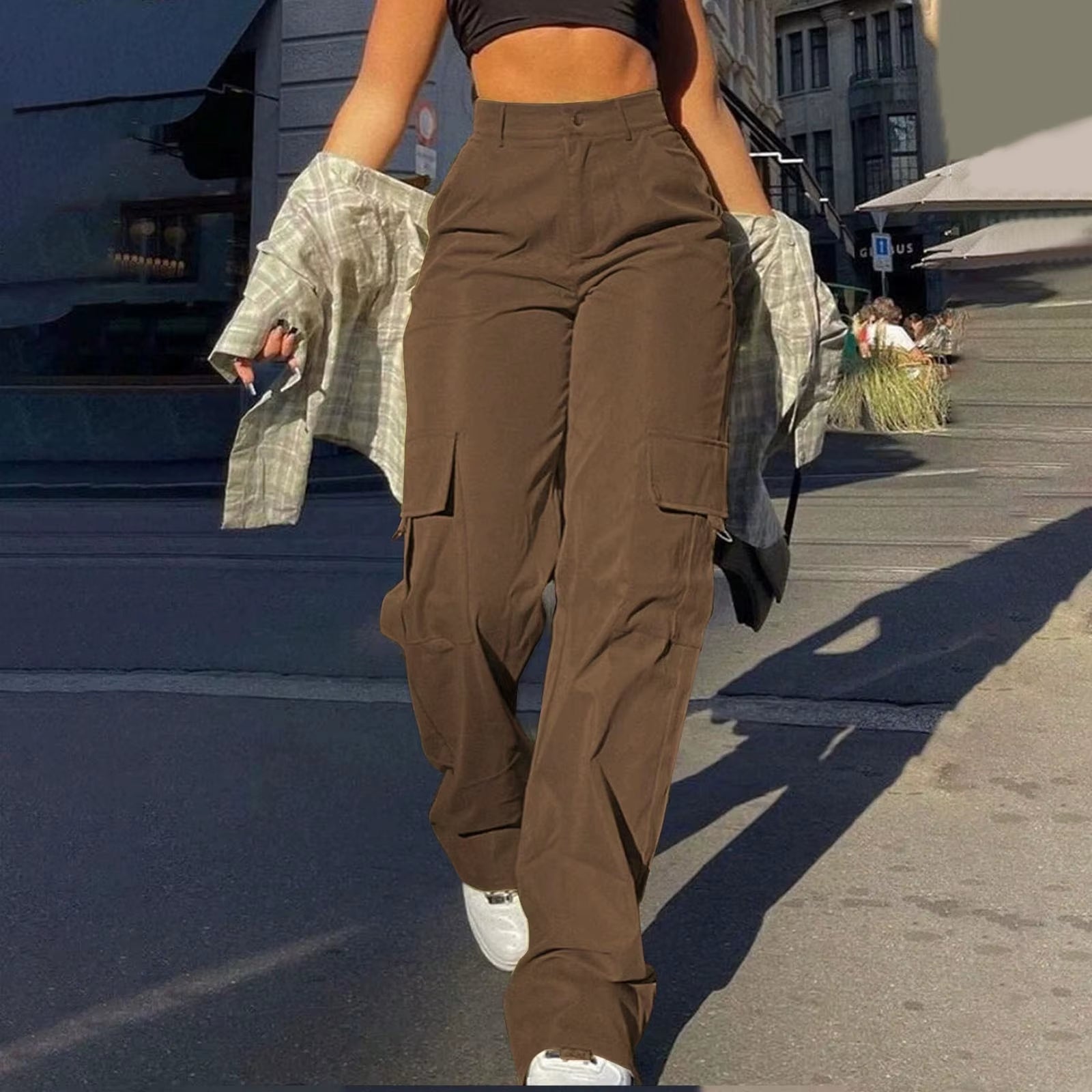 Women Cargo Pants with Pockets Stretch High Waisted Casual Sweatpants Straight Wide Leg Long Pants Sporty Jogger Trouser