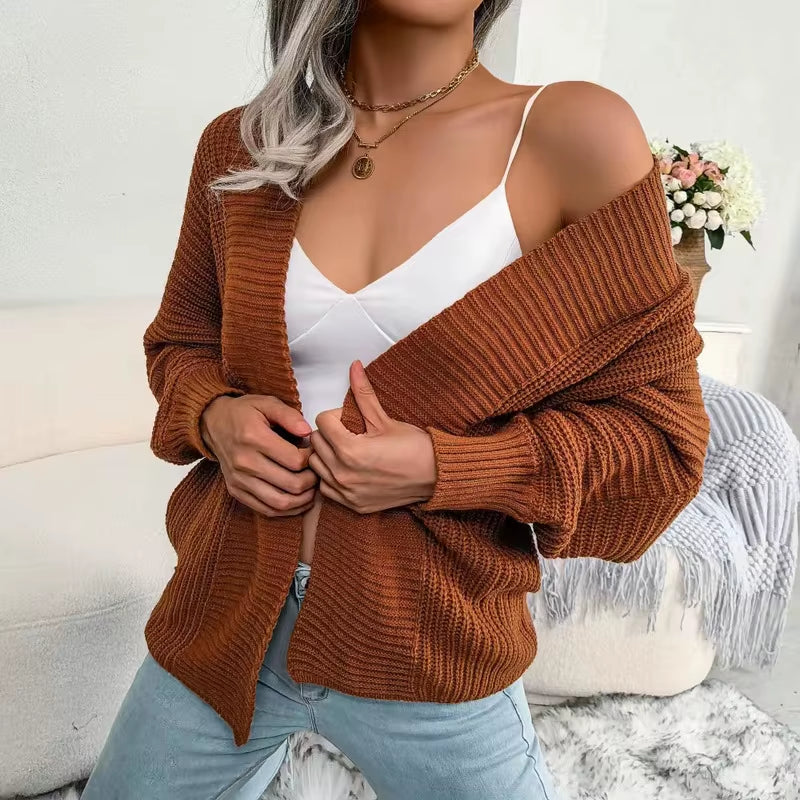 Women Autumn Cardigan Open Stitch Sweater Hollow Out Long Sleeve Solid Color Knitting Buttonless Sweater Coat Crochet Cardigan