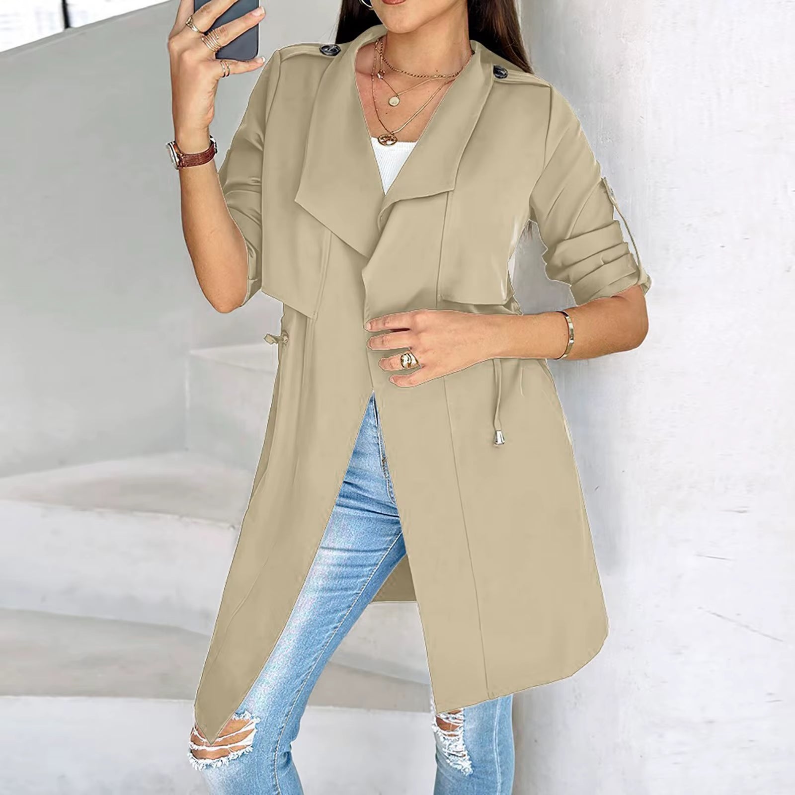 Women'S Autumn Casual Lightweight Jacket Solid Long Sleeve Large Lapel Windbreak Ladies Outerwear Simple Jacket Куртка Женская