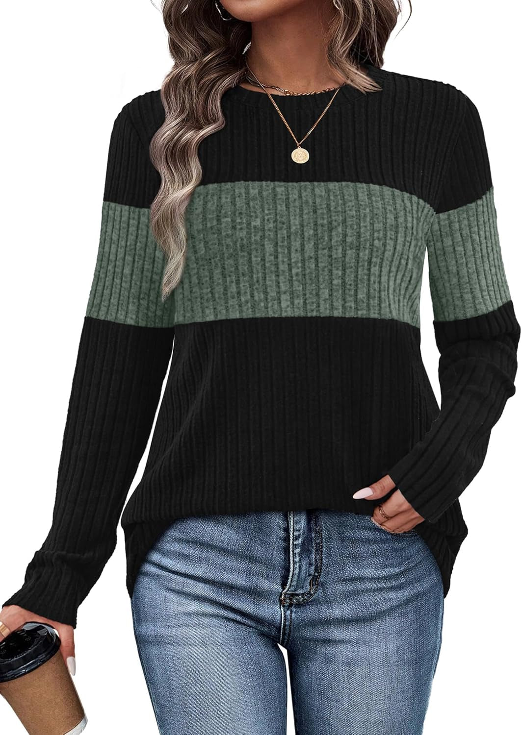 Womens Sweaters Color Block Tops 