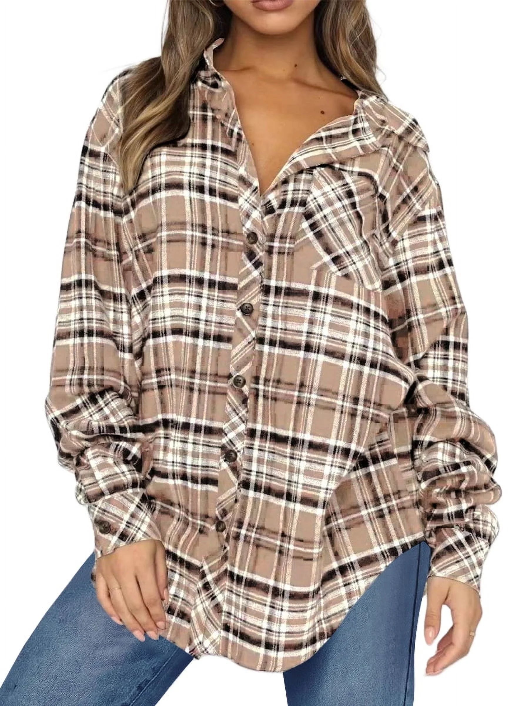 Plaid Shirt for Women Oversized Flannel Long Sleeve Shirts Casual Button down Blouse Tops with Pockets