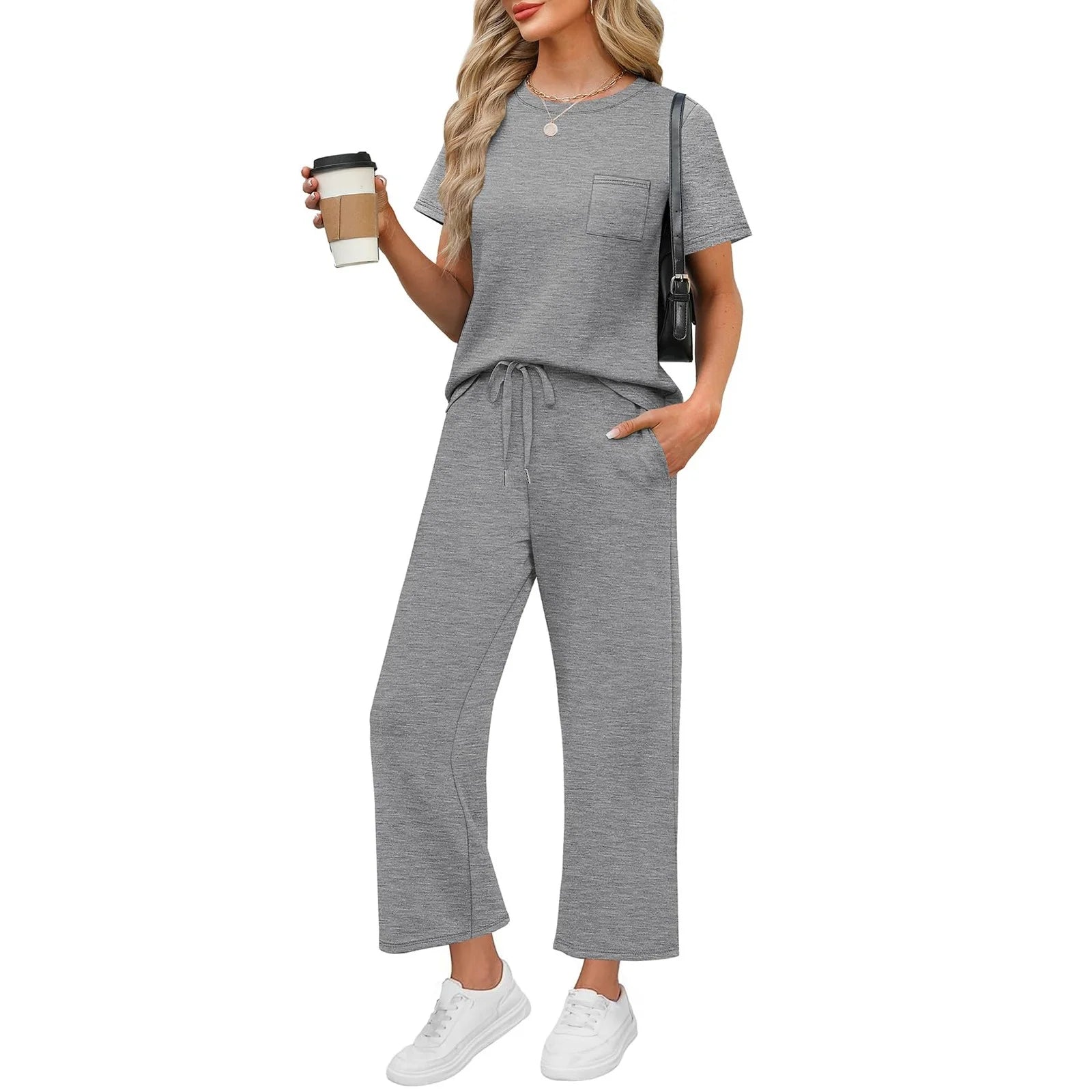 Short Sleeve Lounge 2 Piece Set for Women Casual Travel Outfits Wide Leg Tracksuits 