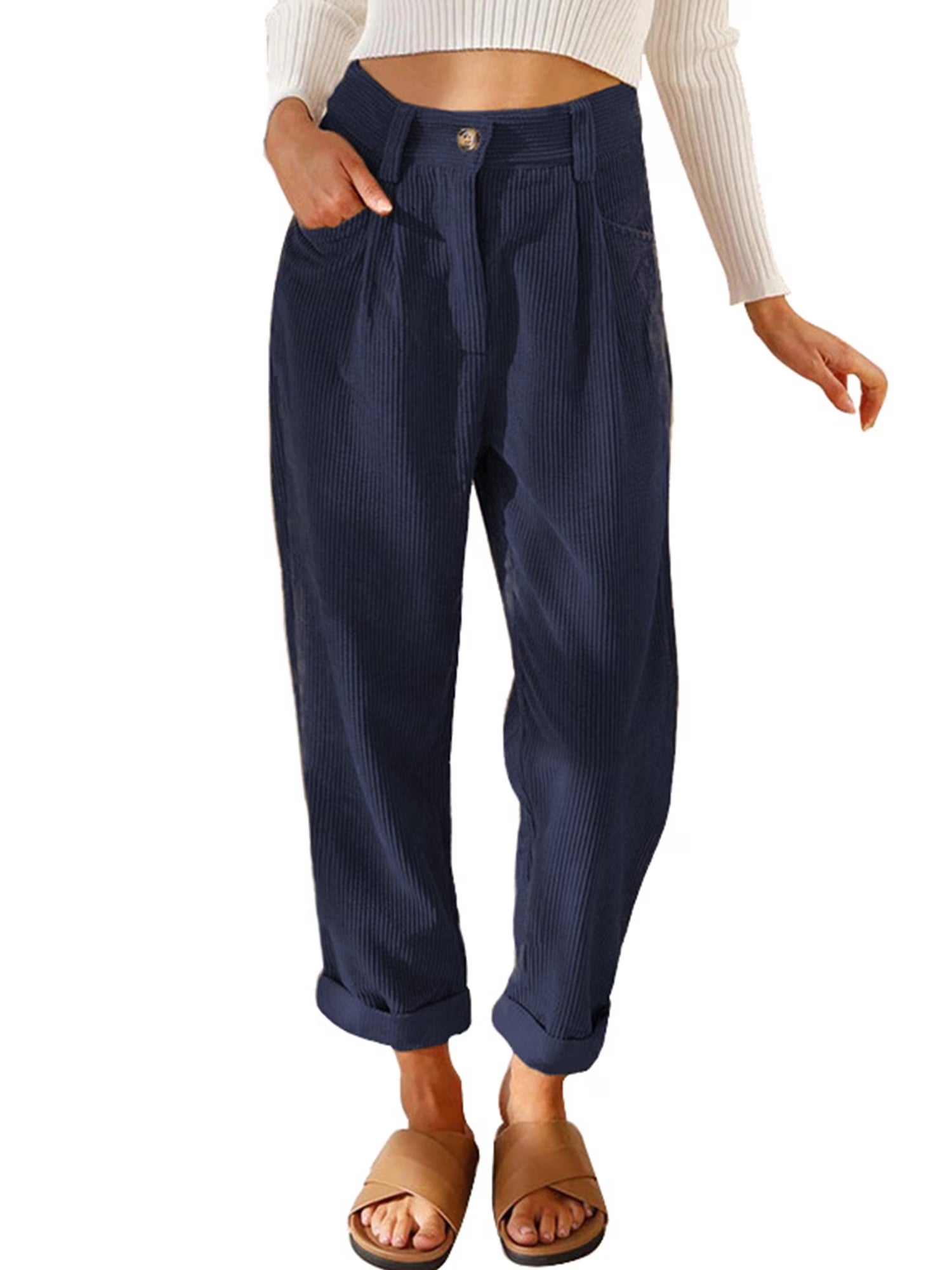 Womens Pants High Waisted Work Corduroy Pants Fall Streetwear Straight Leg Trousers Loose Fit Slacks with Pockets Brown