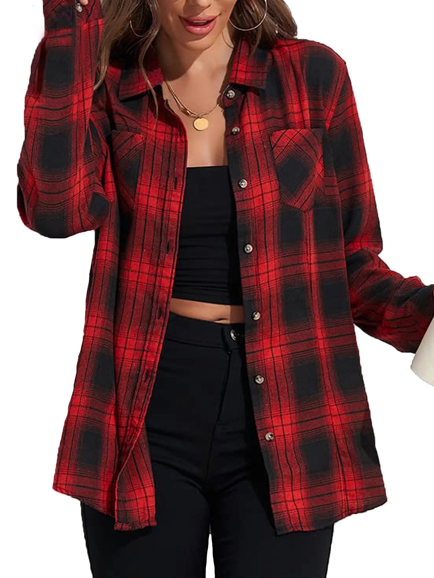 Plaid Shirt for Women Oversized Flannel Long Sleeve Shirts Casual Button down Blouse Tops with Pockets