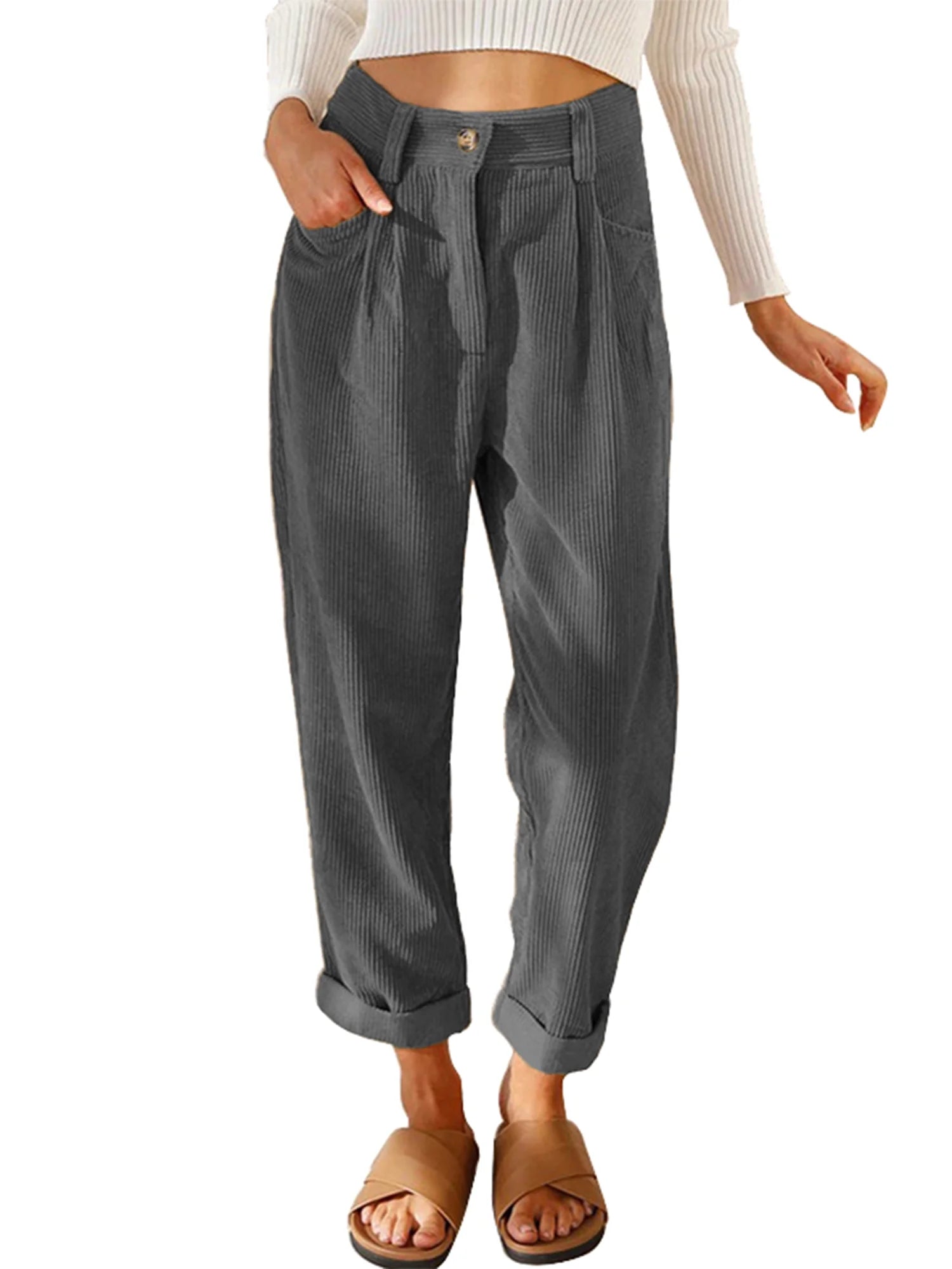 Womens Pants High Waisted Work Corduroy Pants Fall Streetwear Straight Leg Trousers Loose Fit Slacks with Pockets Brown