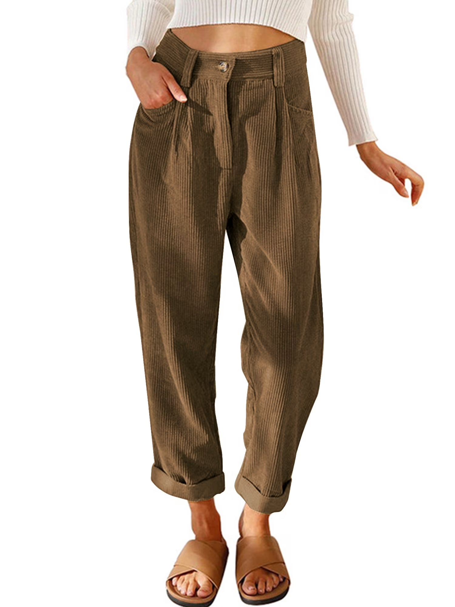 Womens Pants High Waisted Work Corduroy Pants Fall Streetwear Straight Leg Trousers Loose Fit Slacks with Pockets Brown