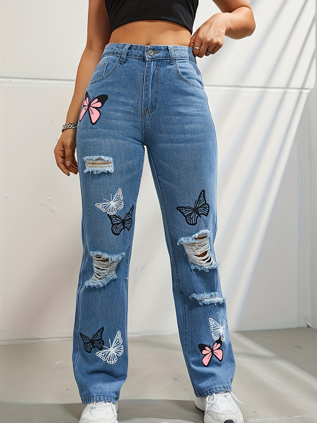 Butterfly Printed High Waisted Jeans