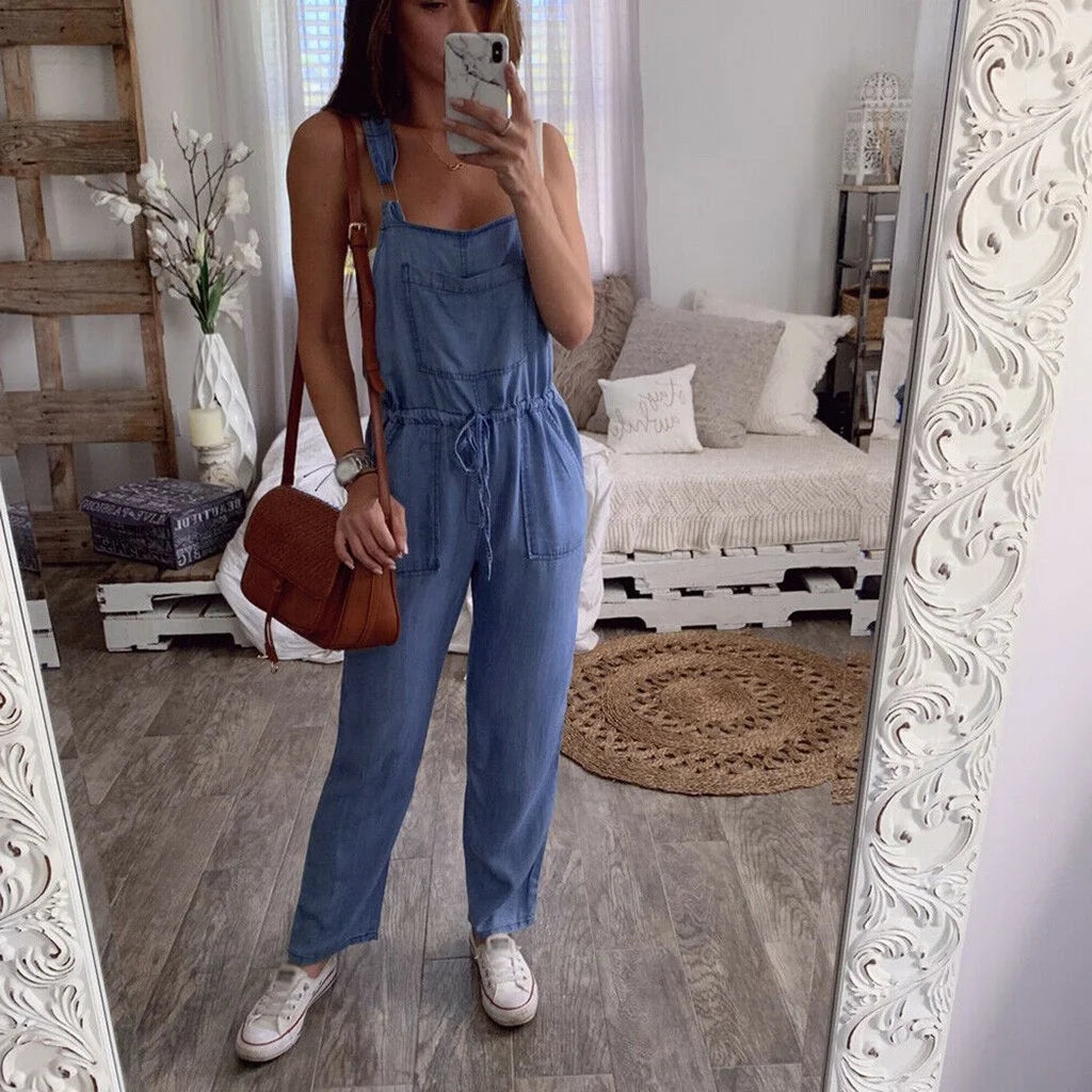 Pants for Women Jeans Fashion Back to School Women One-Piece Jumpsuits Overalls Denim Jeans Bib Trousers Long Pants Dungarees Blue