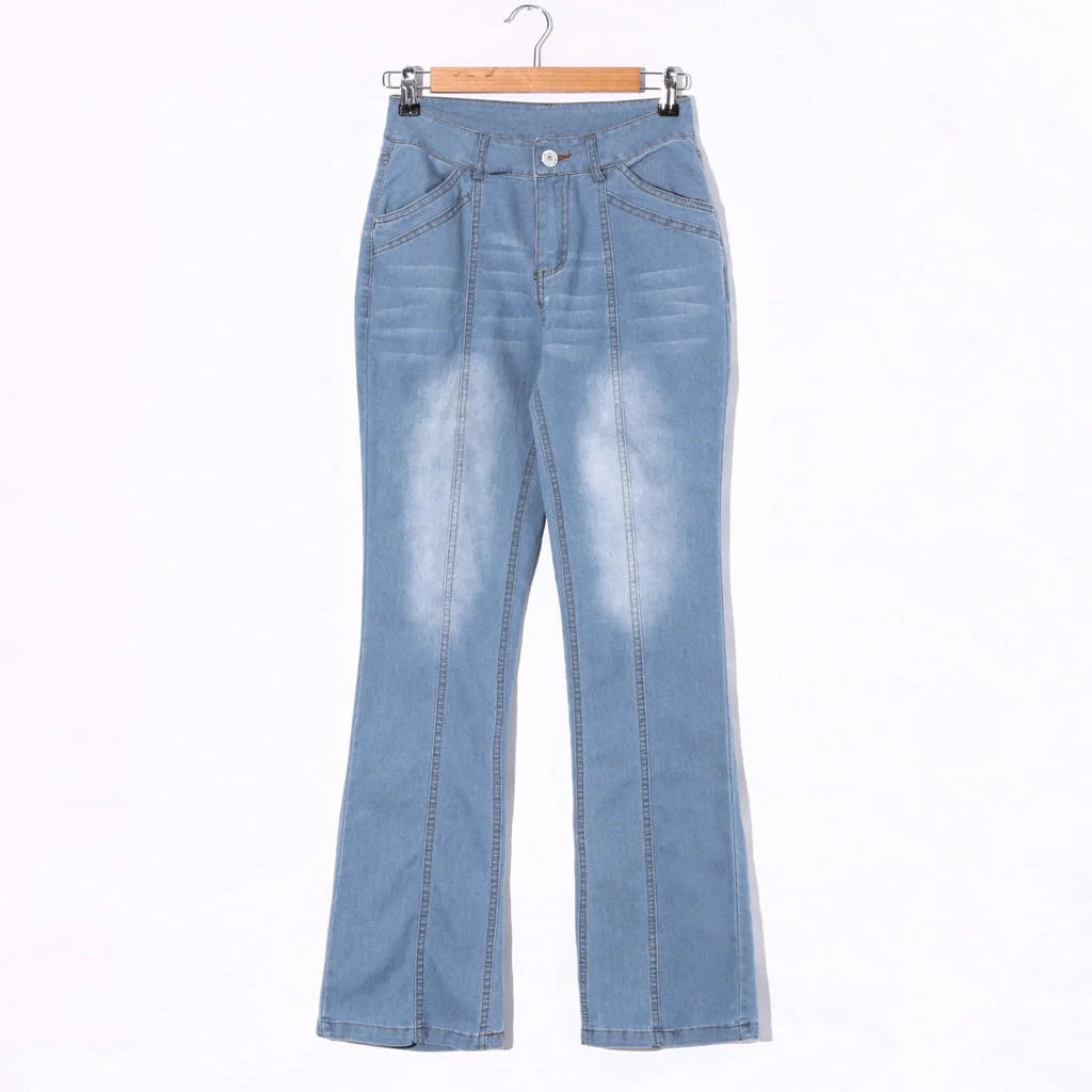 Women's Mid Waisted  Denim Pants Flare Cut Comfy Form Fitting 