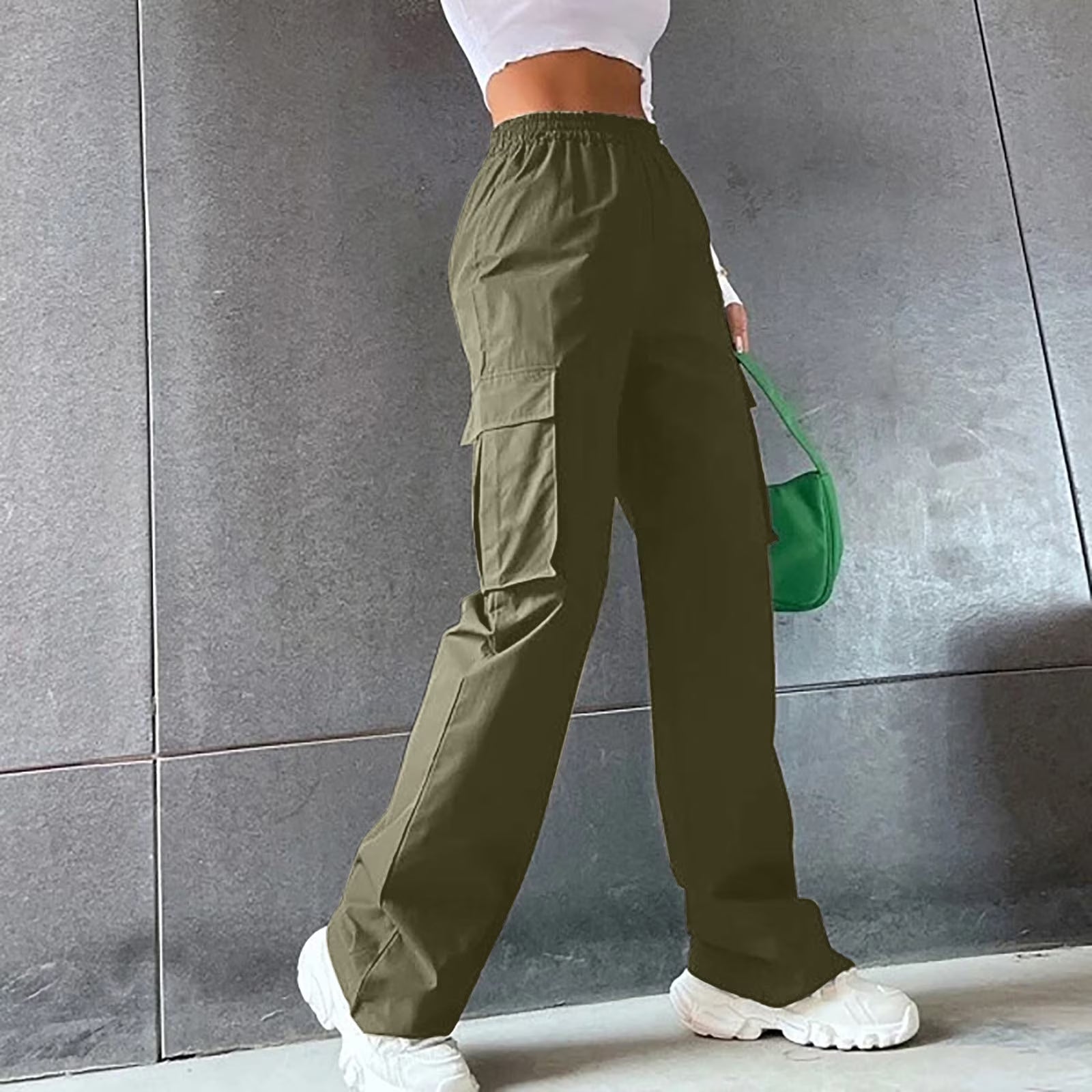Loose Pants Women Army Green Cargo Pockets 