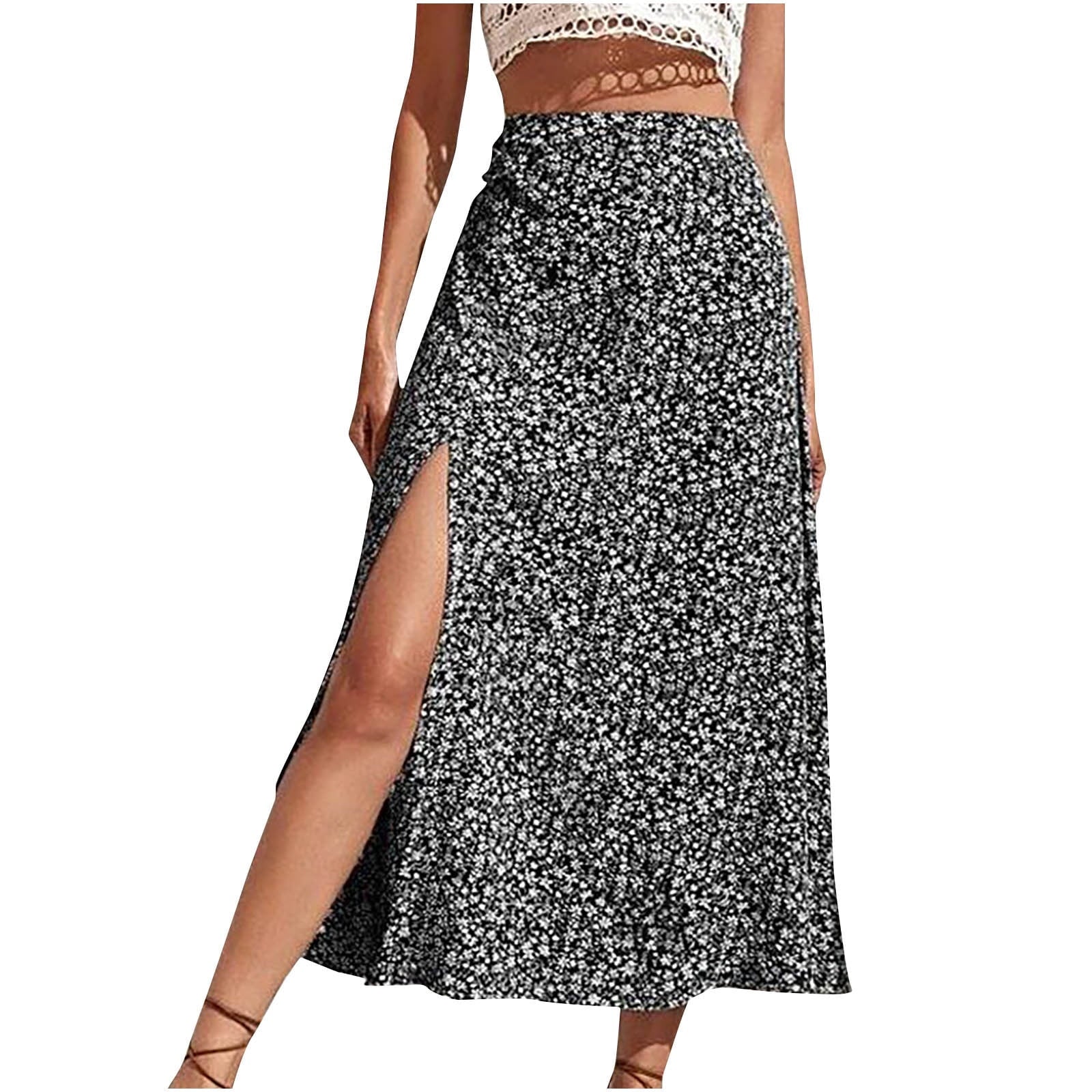 Women's Boho Floral Print Side Split High Waist Midi Skirt Swing Long Skirts for Women