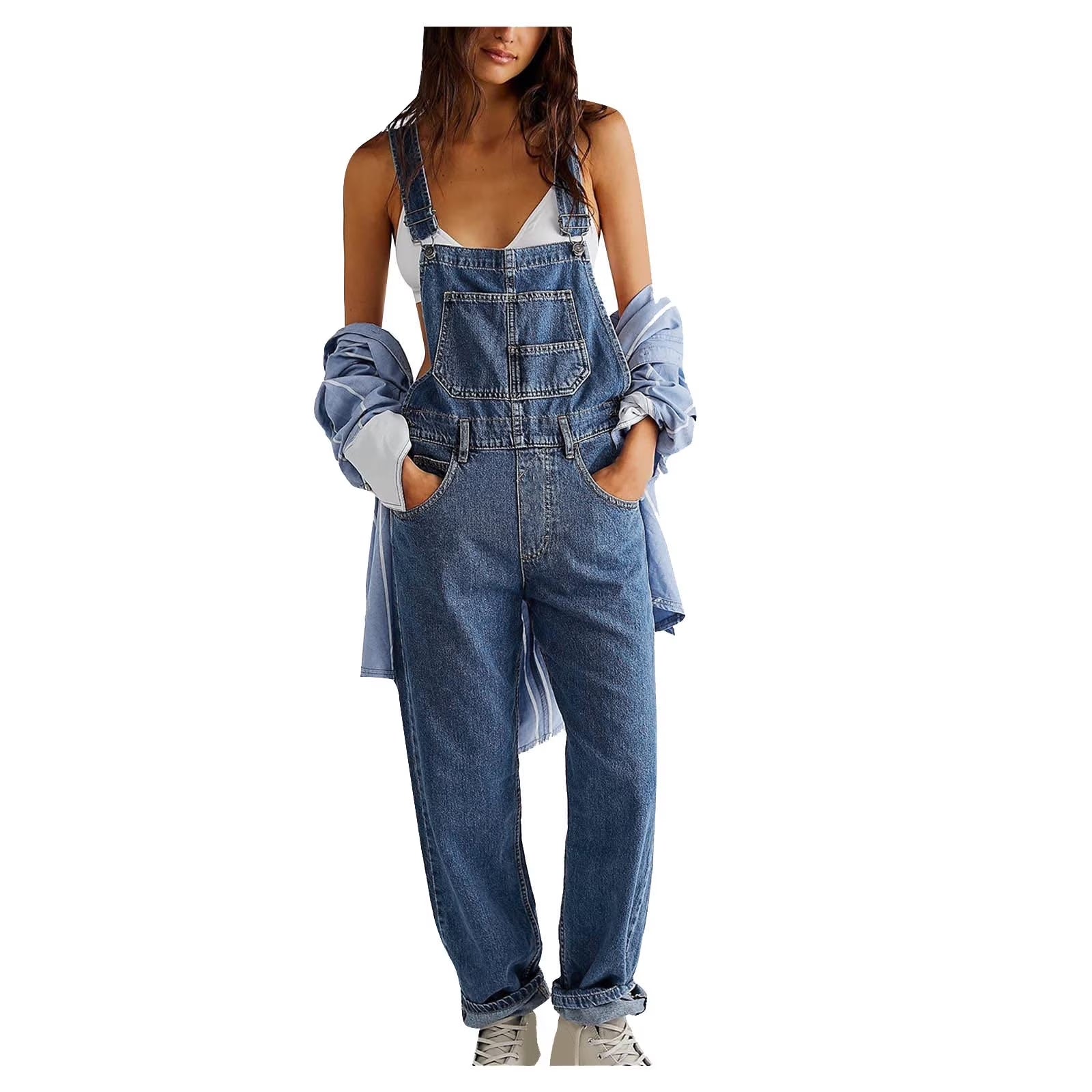 2024 Women'S Overalls Loose Fit Ladies Jeans Summer Solid Color Fashion Baggy Suspenders Button Jumpsuit Casual Sleeveless Wide Long Bib Leg Rompers with Pockets Dark Blue M