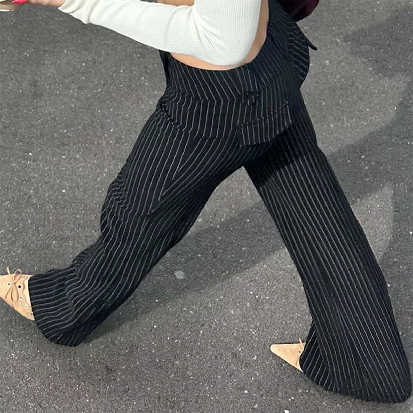 Trousers Striped Slim Fit Fashion Pants Low Rise Form Fitting Street Style