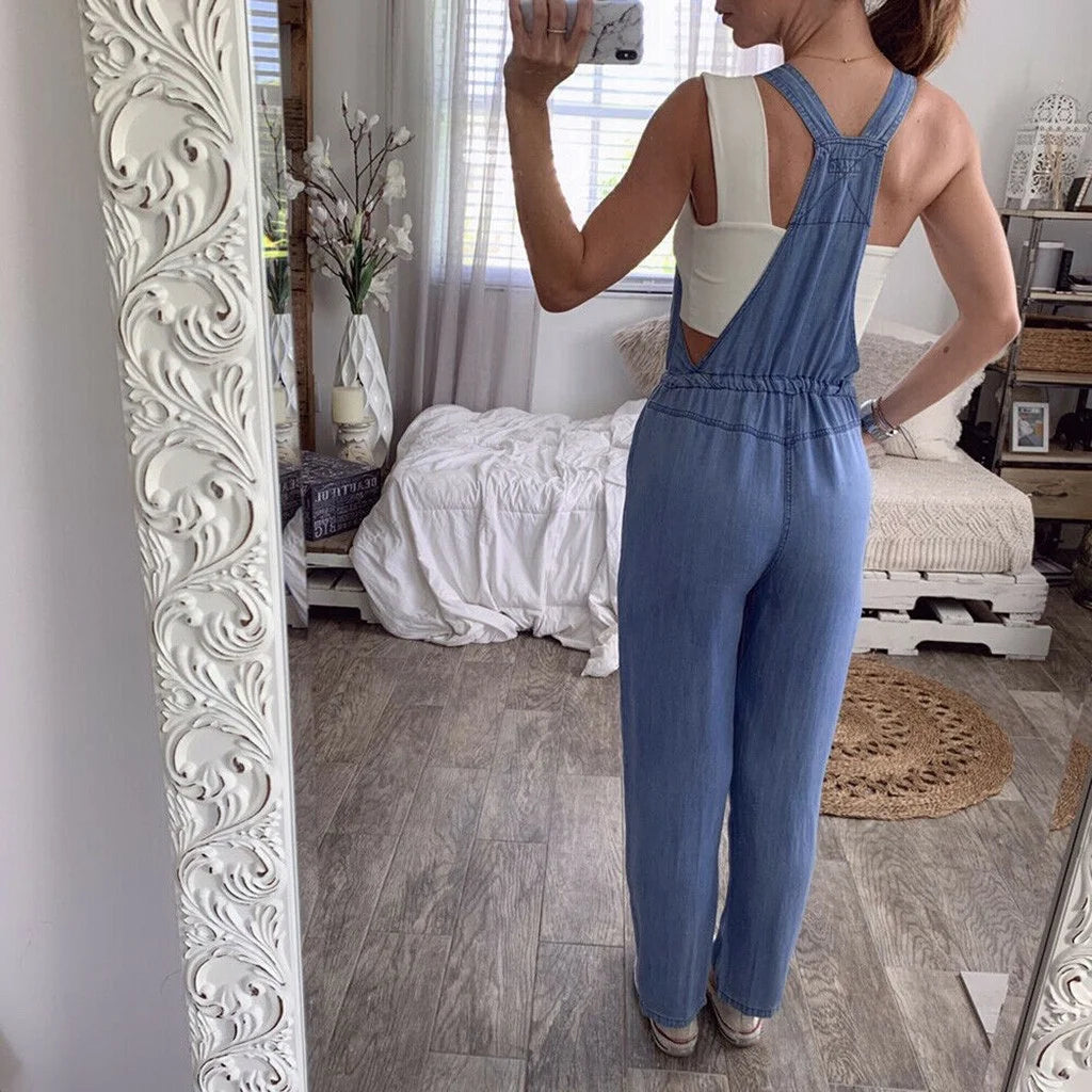 Pants for Women Jeans Fashion Back to School Women One-Piece Jumpsuits Overalls Denim Jeans Bib Trousers Long Pants Dungarees Blue