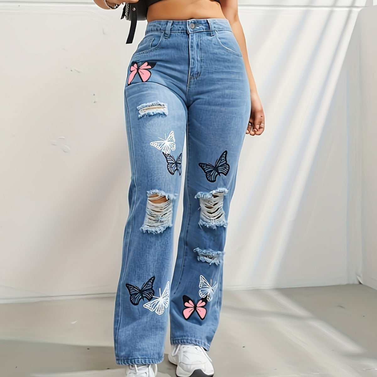 Butterfly Printed High Waisted Jeans
