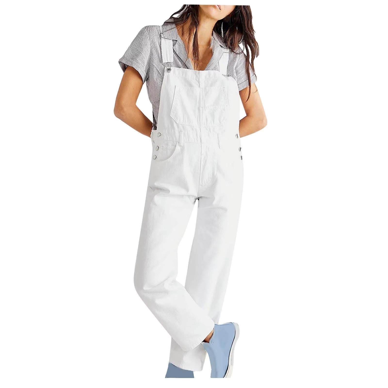 2024 Women'S Overalls Loose Fit Ladies Jeans Summer Solid Color Fashion Baggy Suspenders Button Jumpsuit Casual Sleeveless Wide Long Bib Leg Rompers with Pockets Dark Blue M