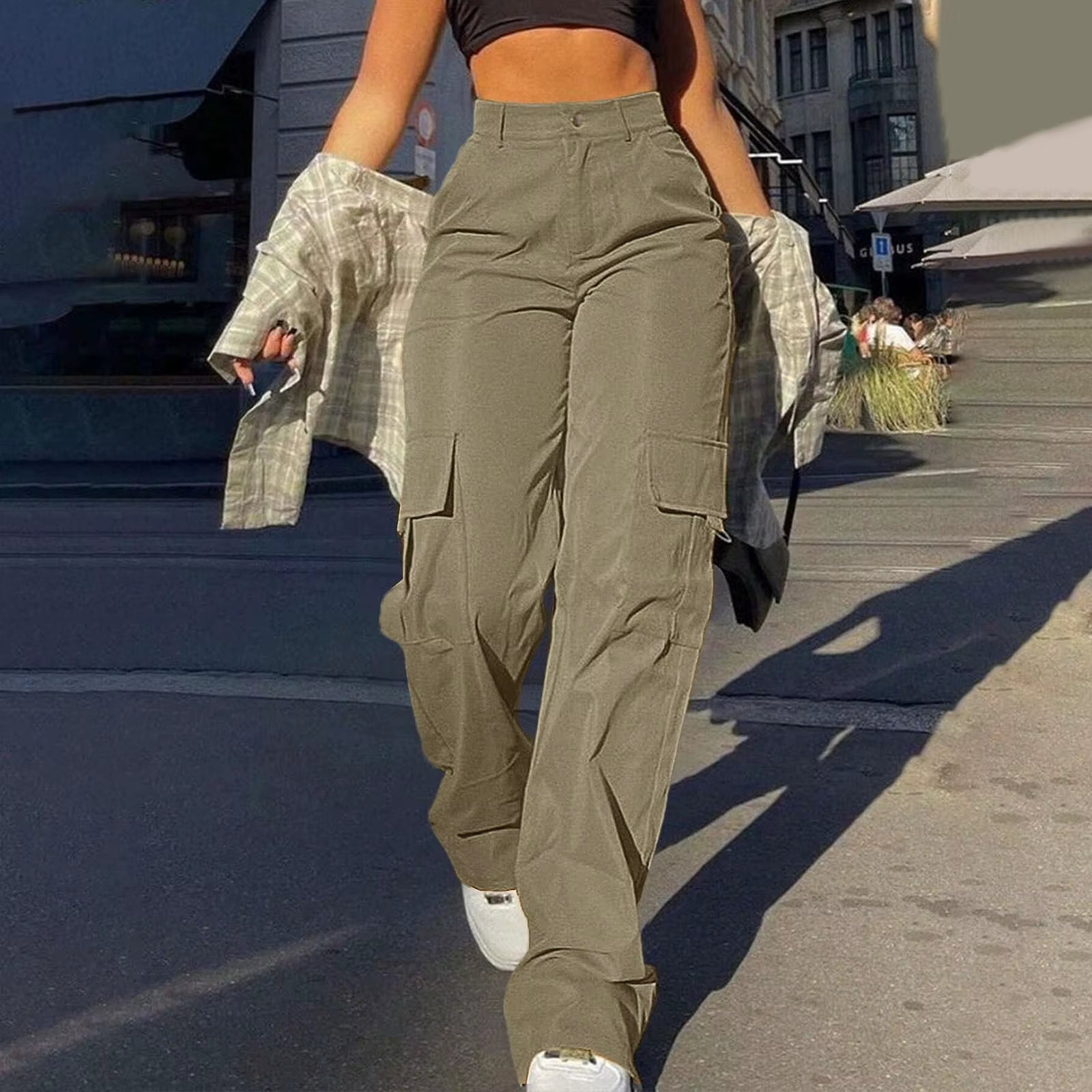 Women Cargo Pants with Pockets Stretch High Waisted Casual Sweatpants Straight Wide Leg Long Pants Sporty Jogger Trouser