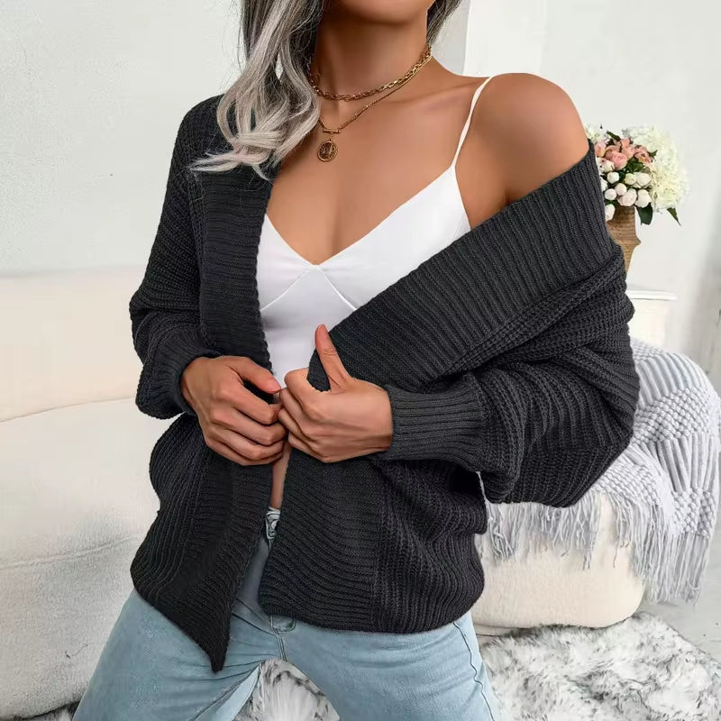 Women Autumn Cardigan Open Stitch Sweater Hollow Out Long Sleeve Solid Color Knitting Buttonless Sweater Coat Crochet Cardigan