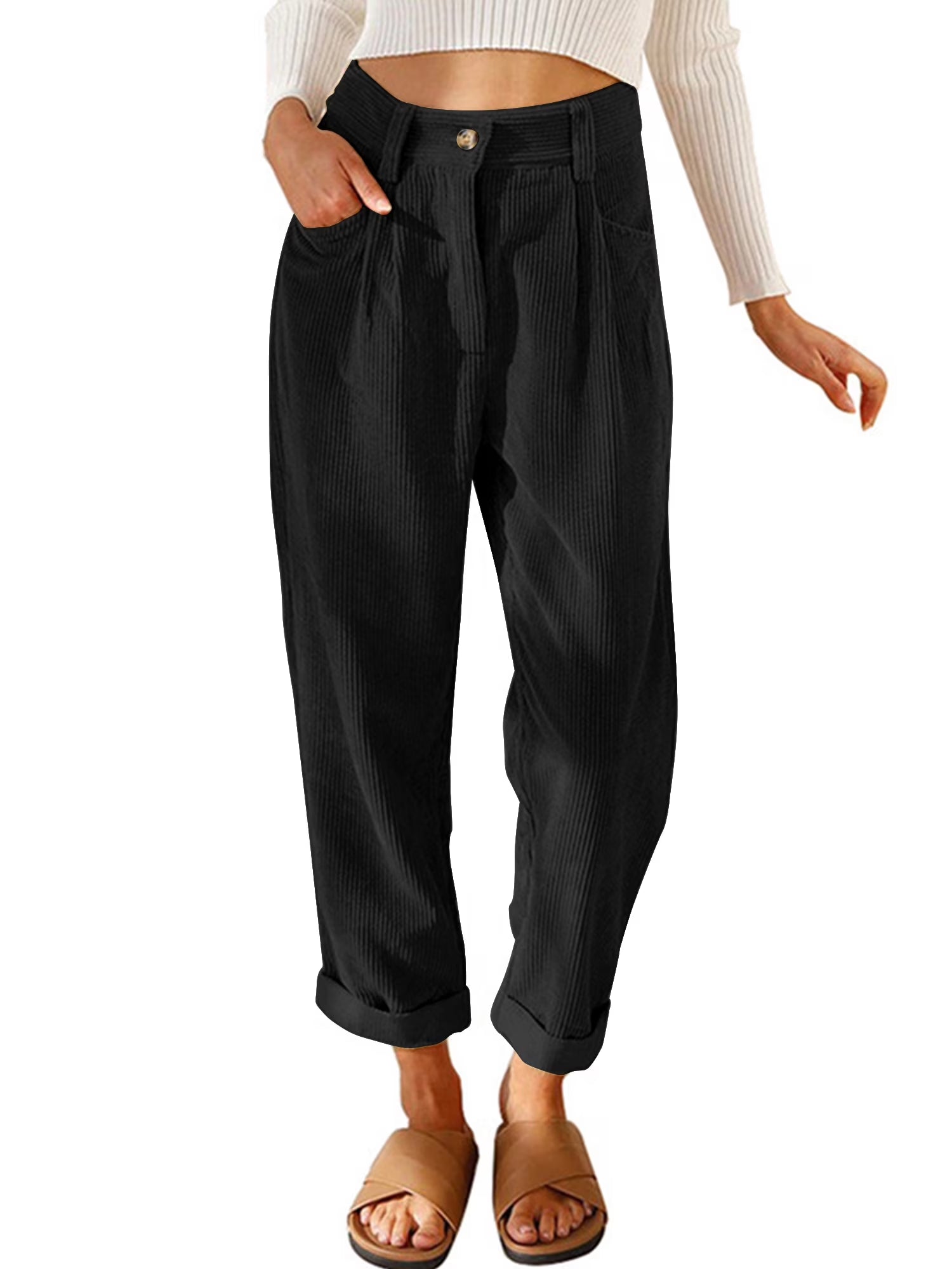 Womens Pants High Waisted Work Corduroy Pants Fall Streetwear Straight Leg Trousers Loose Fit Slacks with Pockets Brown