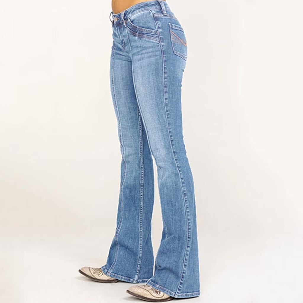 Women's Mid Waisted  Denim Pants Flare Cut Comfy Form Fitting 