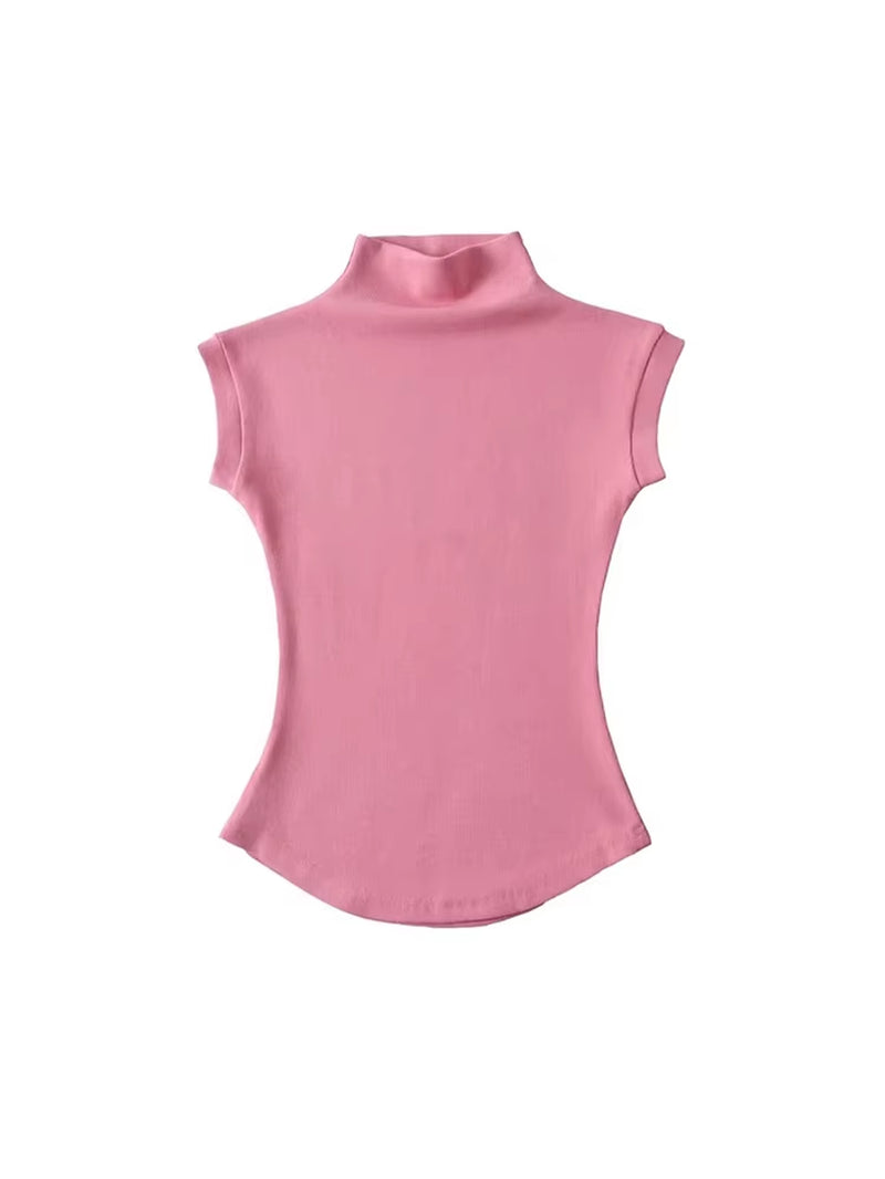 Women  Sexy Turtleneck Sleeveless T-Shirts Tops Solid Slim Fit Pullovers 