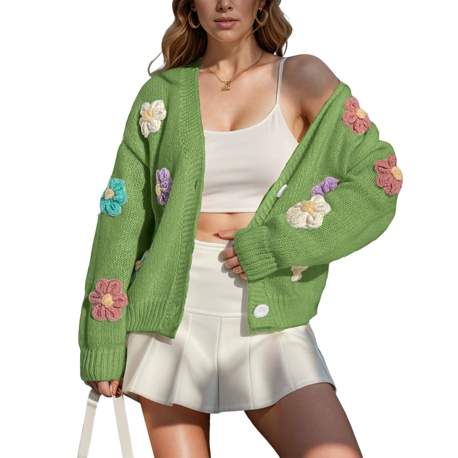 Women Fall Winter Knit Cardigan Sweaters Flower Open Front Button down Loose Cropped Cardigan 