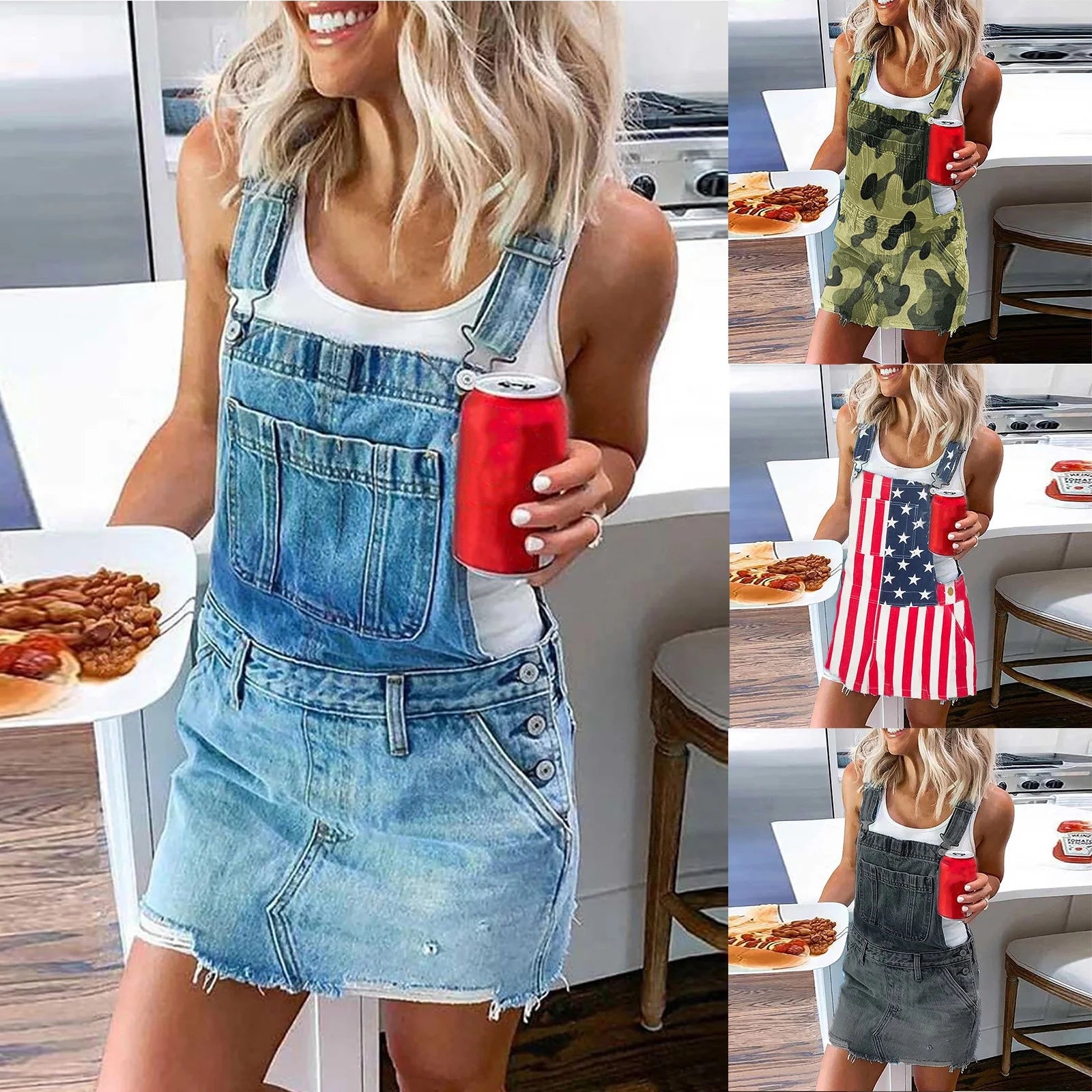 Women'S Cute a Line Kaftan Denim Overall Mini Dress