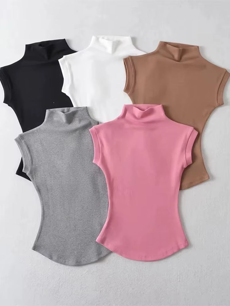 Women  Sexy Turtleneck Sleeveless T-Shirts Tops Solid Slim Fit Pullovers 