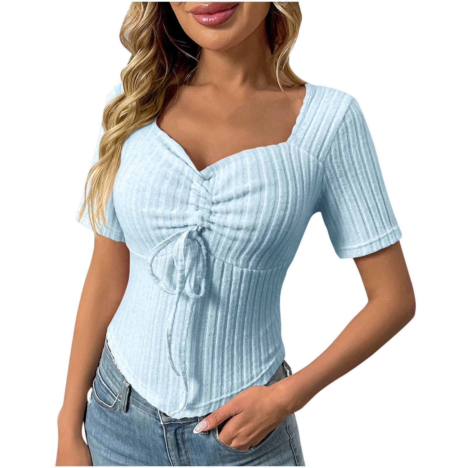 Going Out Tops for Women Drawstring Square Neck Ribbed