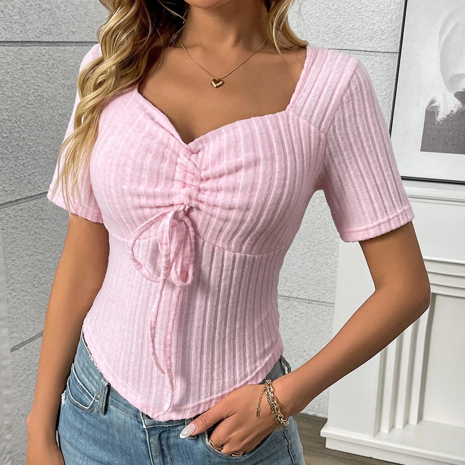 Going Out Tops for Women Drawstring Square Neck Ribbed