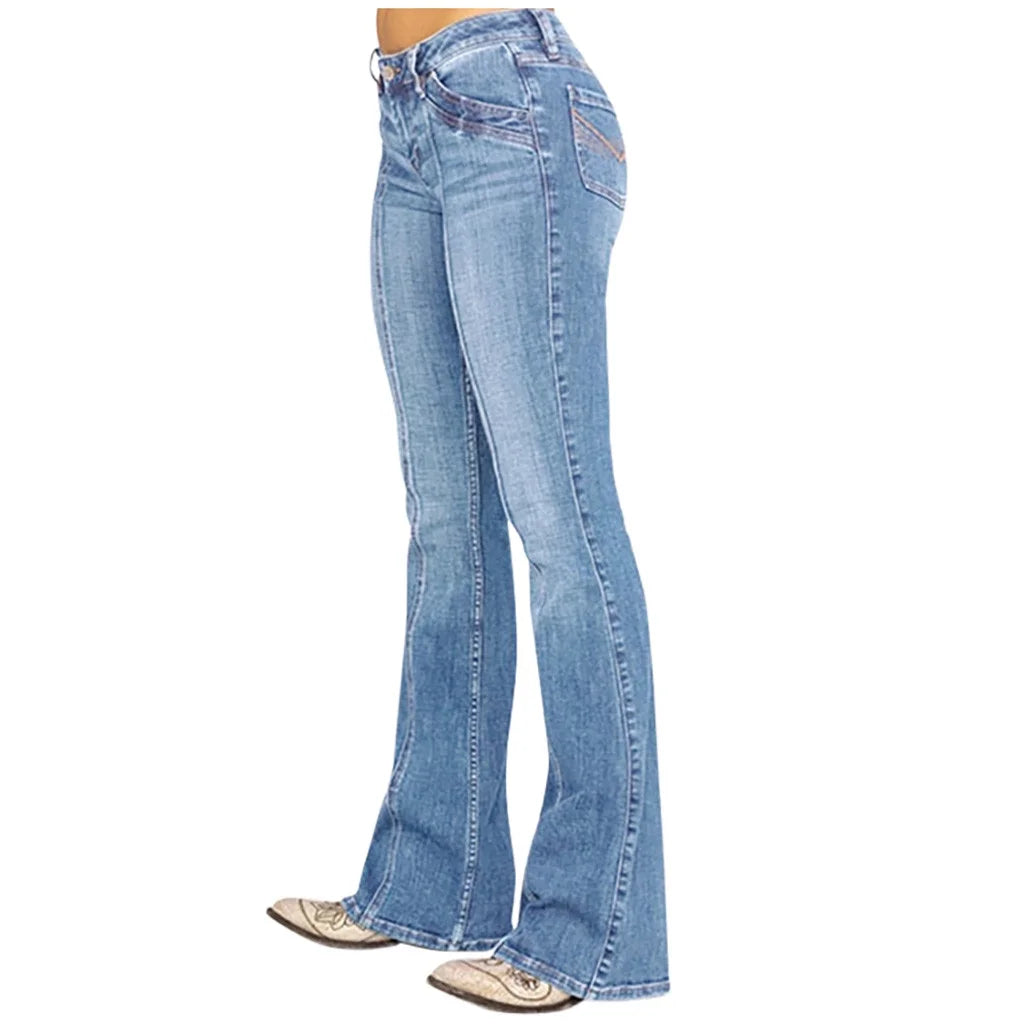 Women's Mid Waisted  Denim Pants Flare Cut Comfy Form Fitting 