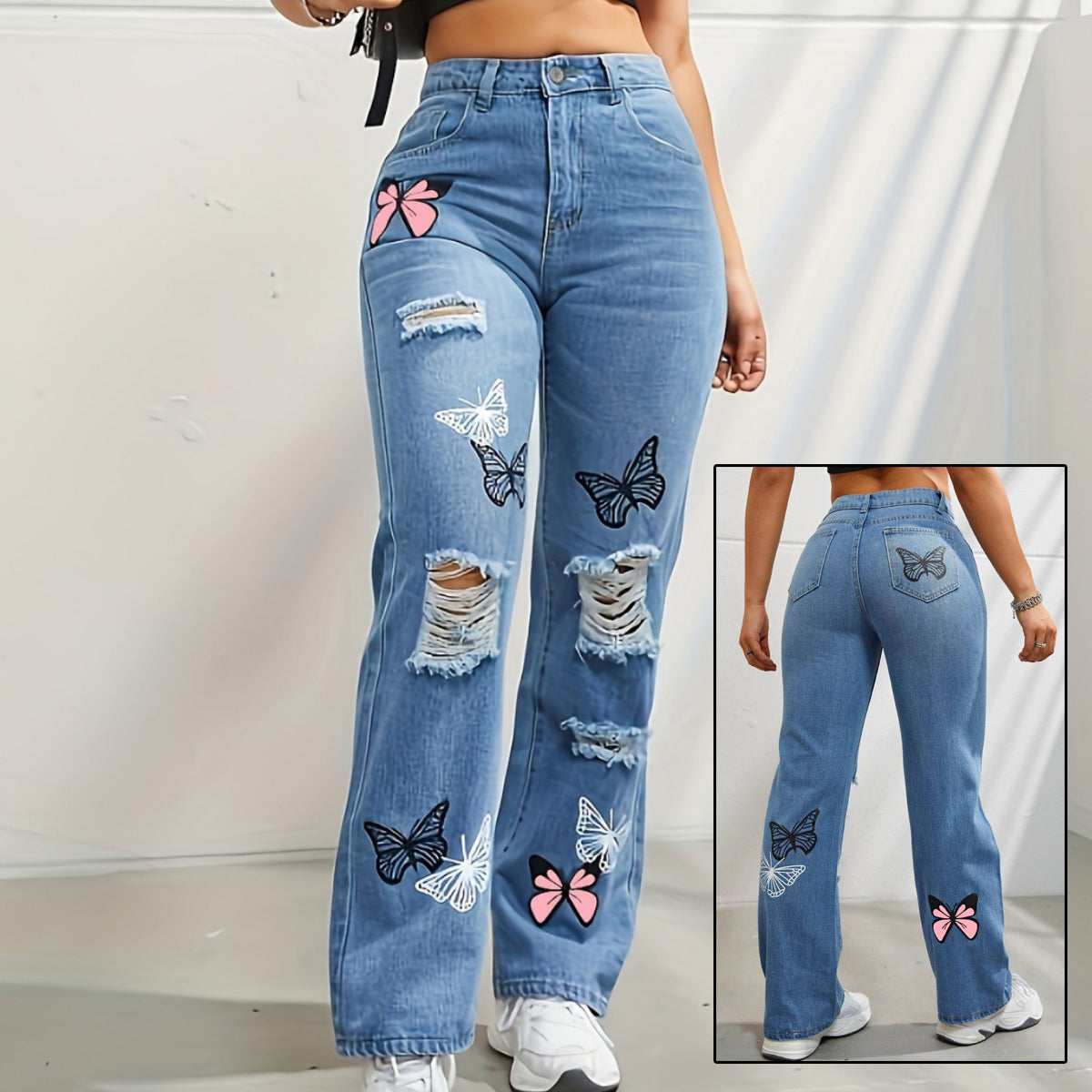 Butterfly Printed High Waisted Jeans