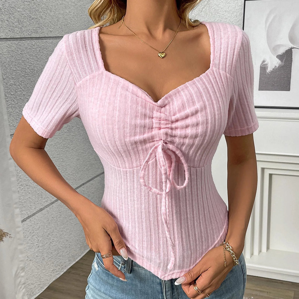 Going Out Tops for Women Drawstring Square Neck Ribbed