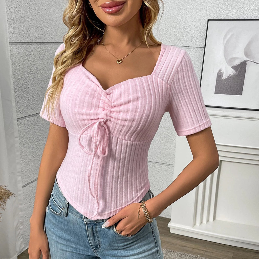 Going Out Tops for Women Drawstring Square Neck Ribbed
