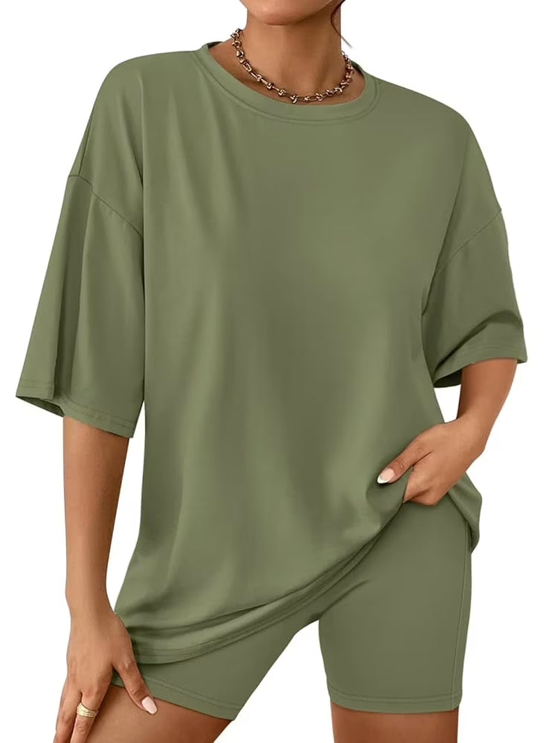 2 Piece Outfit for Women Lounge Sets Oversized Tshirts Matching Biker Short Summer Clothing