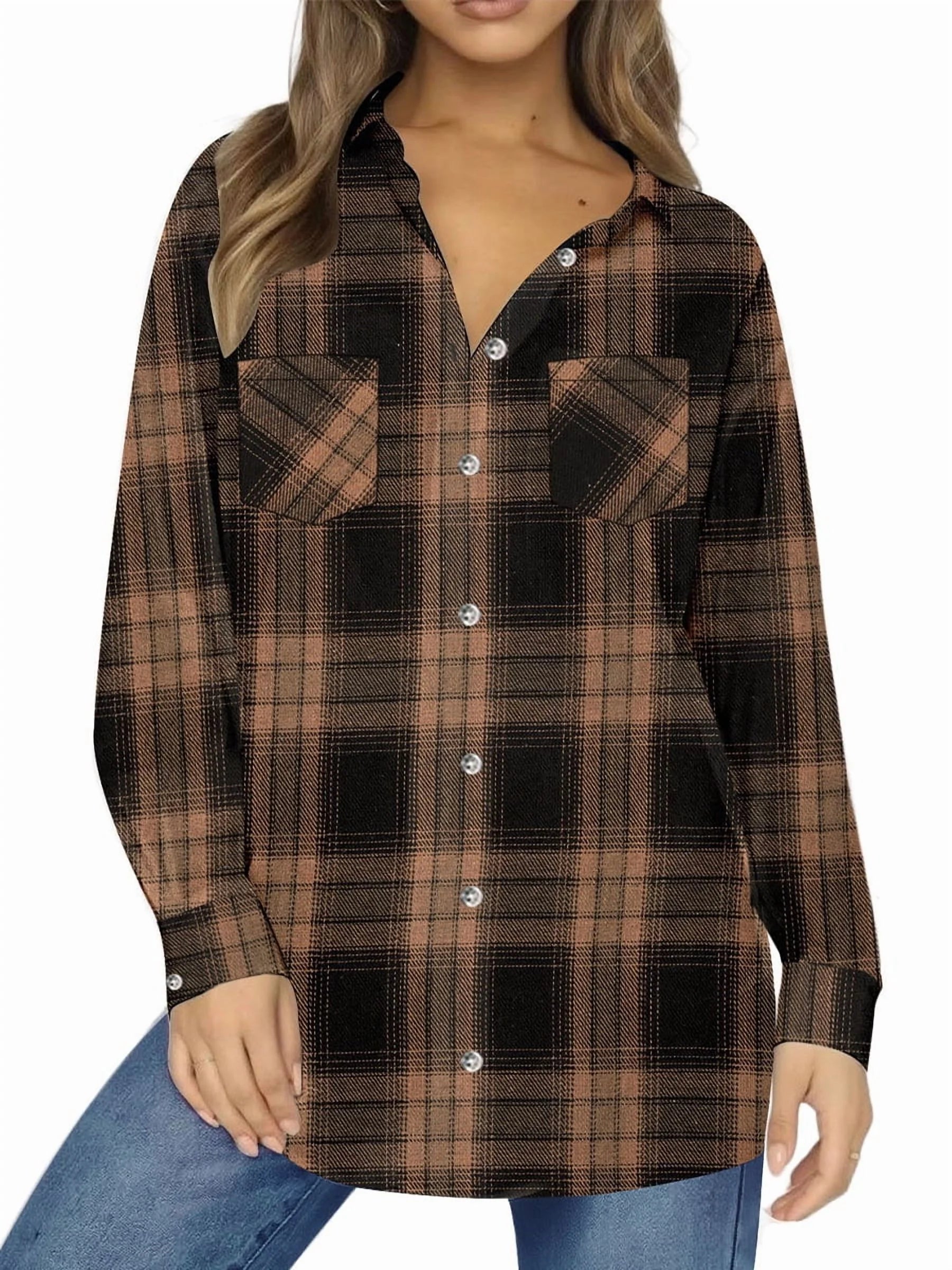 Plaid Shirt for Women Oversized Flannel Long Sleeve Shirts Casual Button down Blouse Tops with Pockets