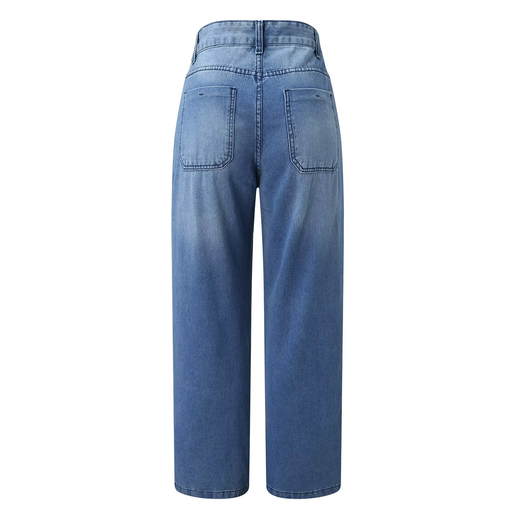 Vintage Baggy Ripped Jeans Women Fashion 90S Loose Casual Solid Wide Leg Pants Zipper Fly Pocket High Waist Jeans Trousers