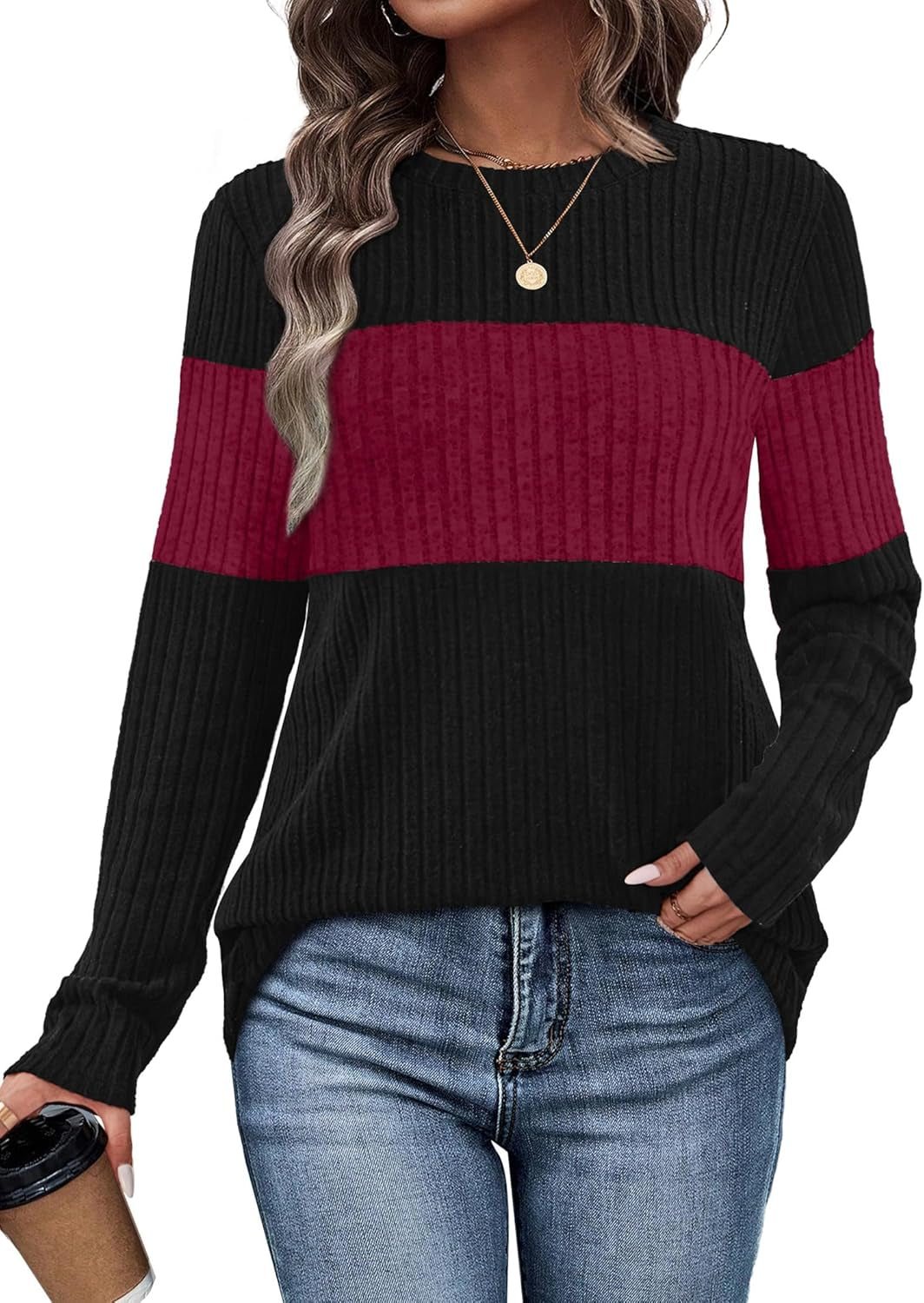 Womens Sweaters Color Block Tops 