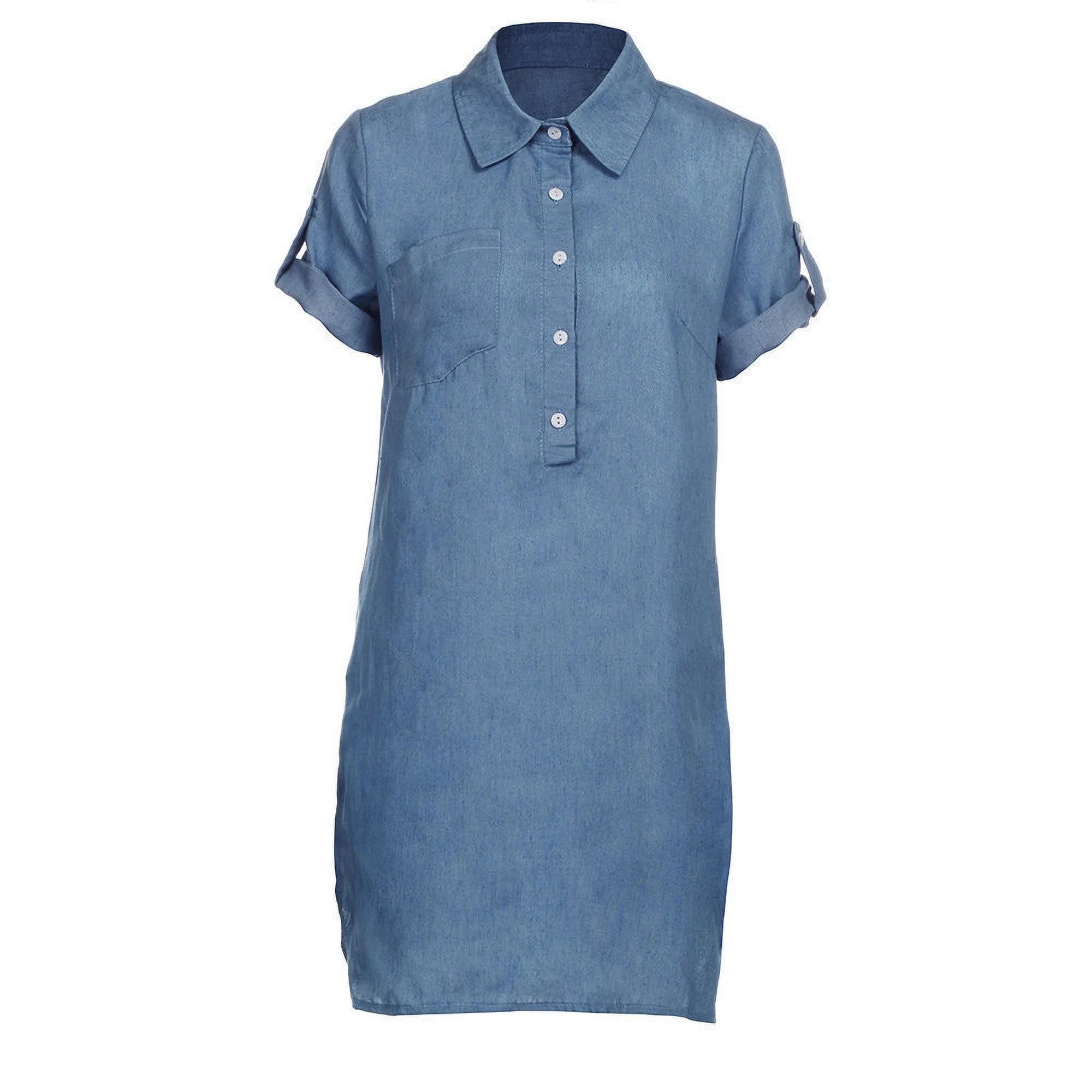 Women Short Sleeve Solid Denim Dress Turn down Collar Mini Dress