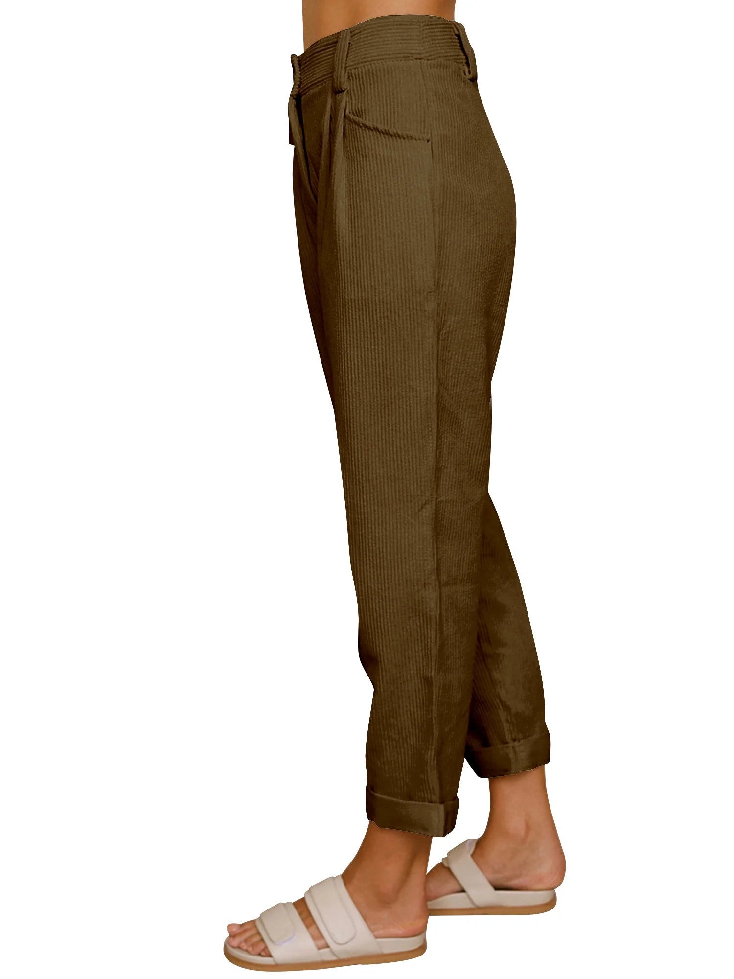Womens Pants High Waisted Work Corduroy Pants Fall Streetwear Straight Leg Trousers Loose Fit Slacks with Pockets Brown