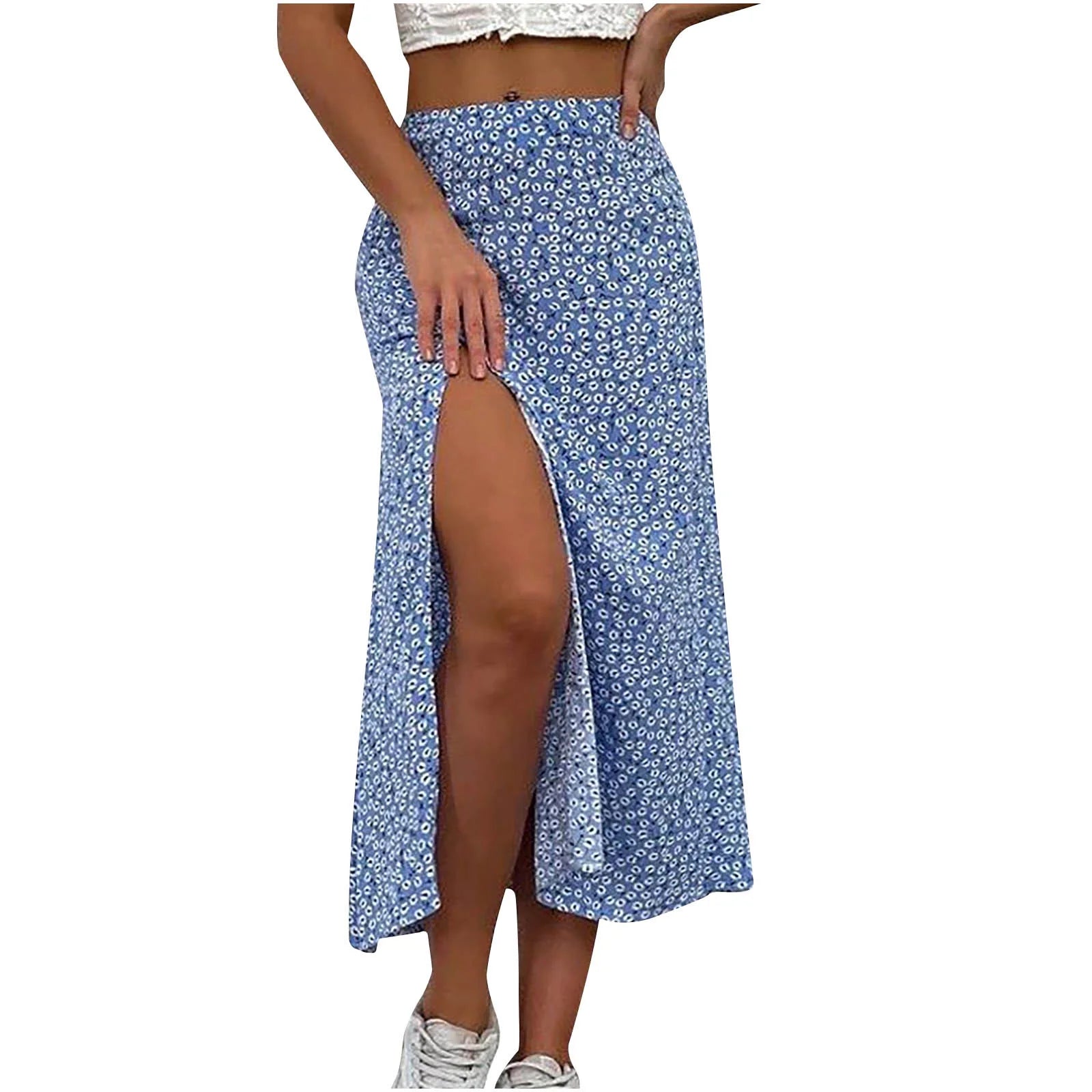 Women's Boho Floral Print Side Split High Waist Midi Skirt Swing Long Skirts for Women