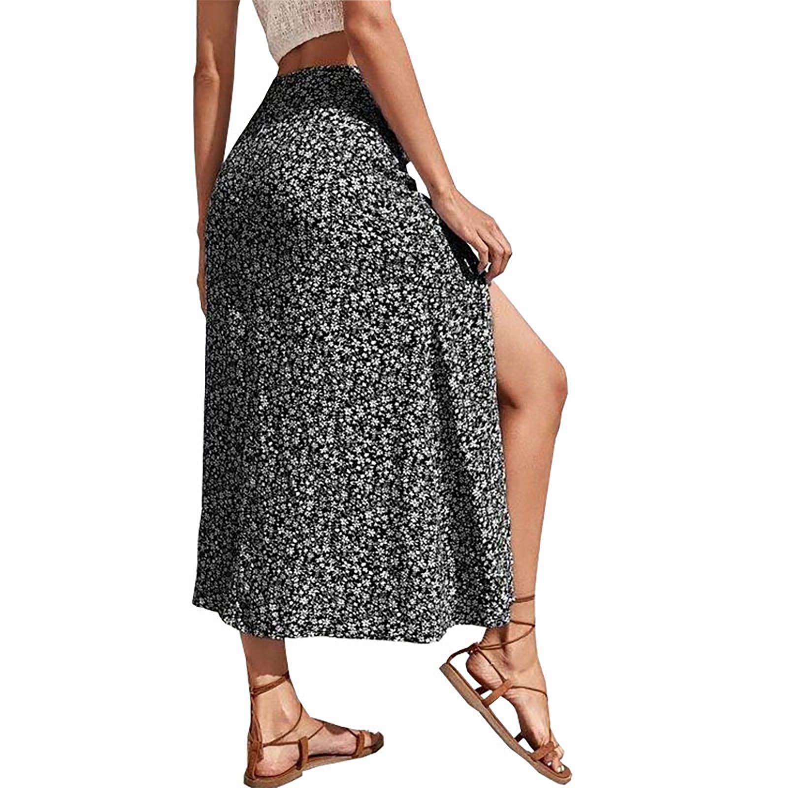 Women's Boho Floral Print Side Split High Waist Midi Skirt Swing Long Skirts for Women